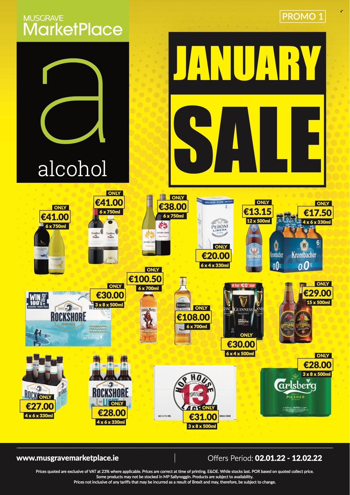 MUSGRAVE Market Place offer  - 2.1.2022 - 12.2.2022 - Sales products - Jacobs, alcohol, Kopparberg, beer, Peroni, Lager, Rockshore. Page 1.