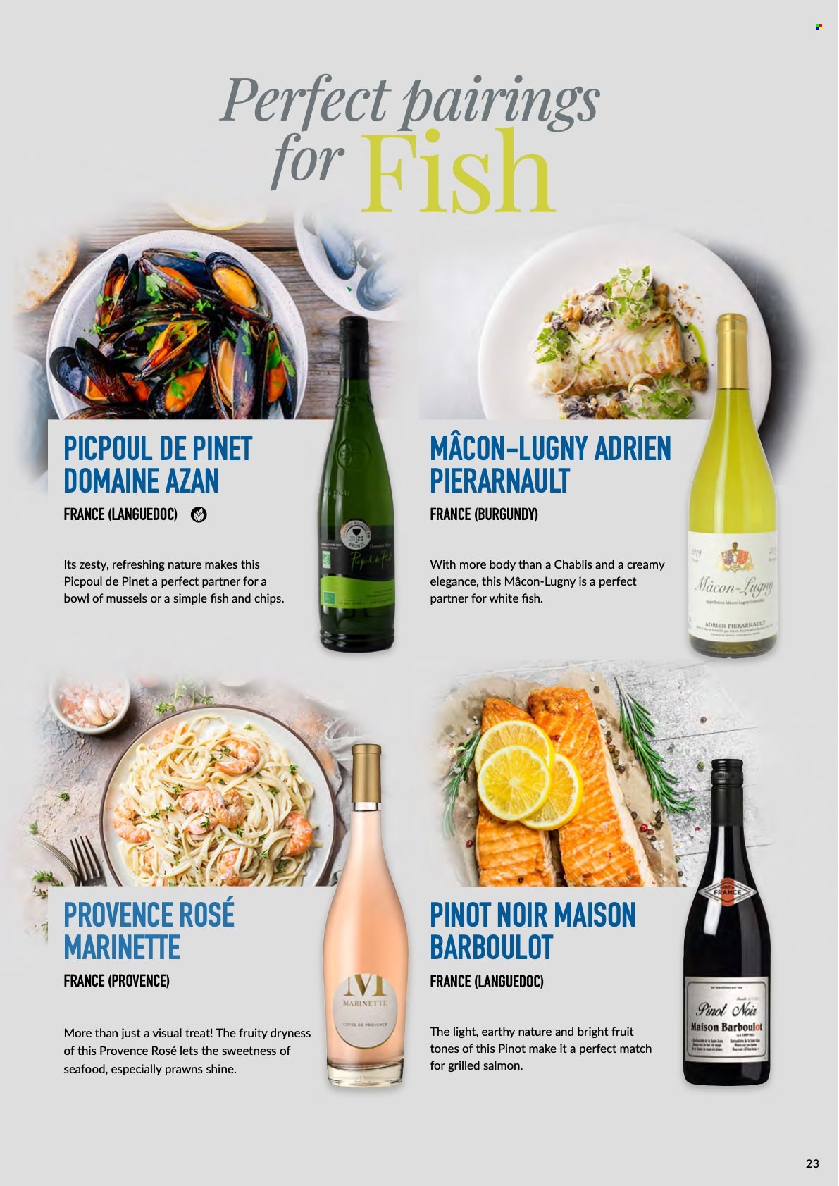 MUSGRAVE Market Place offer  - Sales products - mussel, salmon, whitefish, seafood, prawns, chips, red wine, Pinot Noir, rosé wine, rose. Page 23.