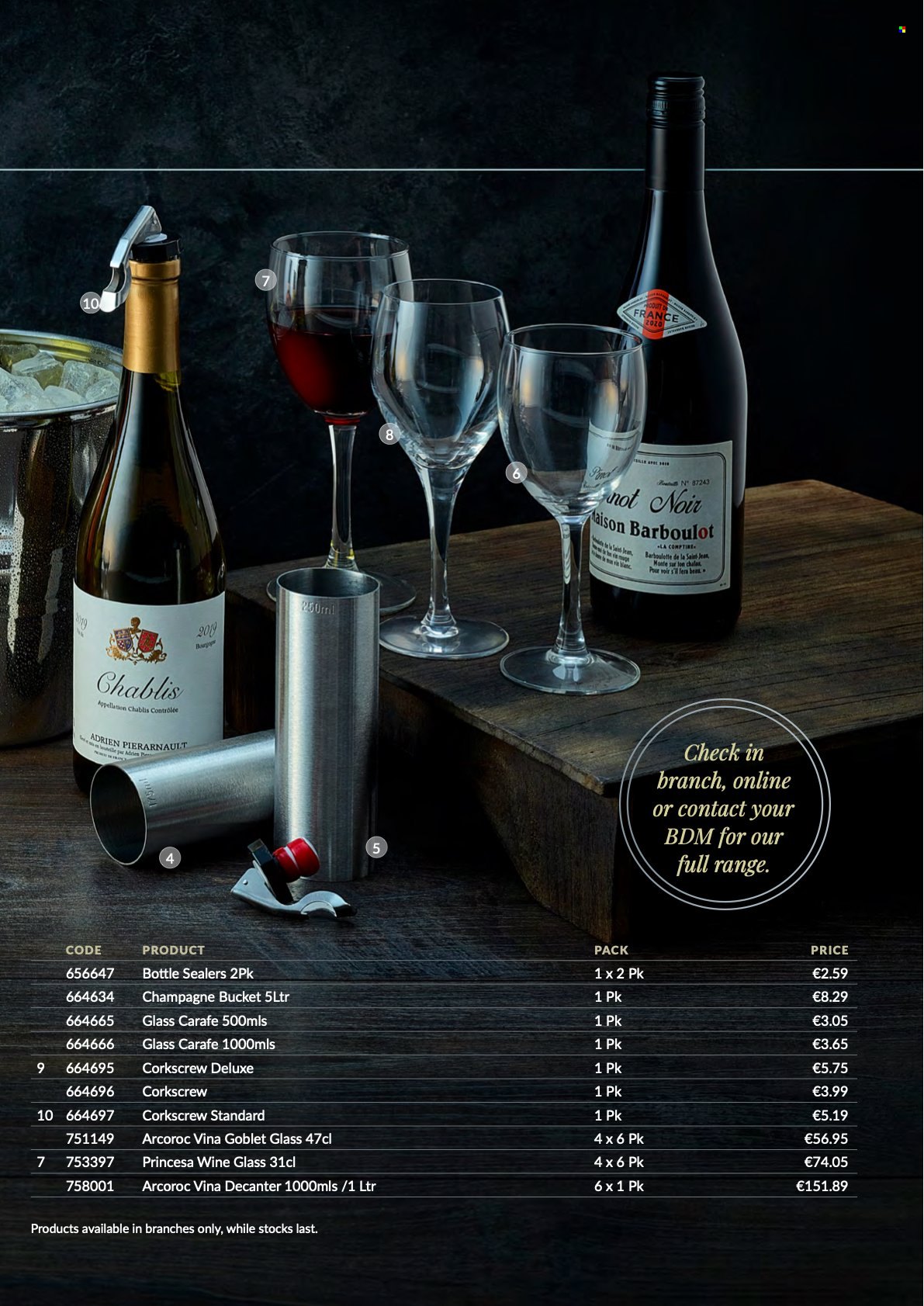 MUSGRAVE Market Place offer  - Sales products - champagne, carafe, wine glass, corkscrew, pen. Page 63.