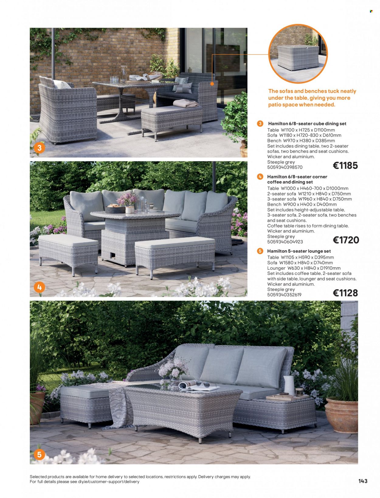 B&Q offer  - Sales products - dining set, dining table, bench, sofa, lounge, coffee table, sidetable, cushion. Page 143.