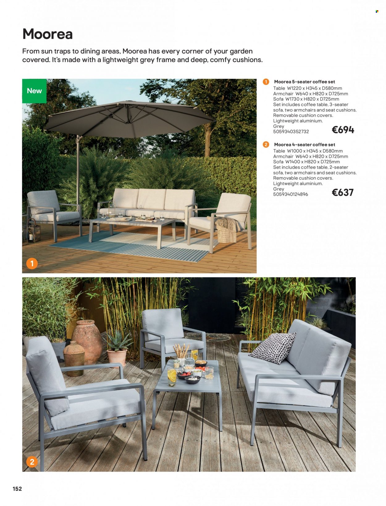 B&Q offer  - Sales products - table, arm chair, sofa, coffee table, cushion. Page 152.