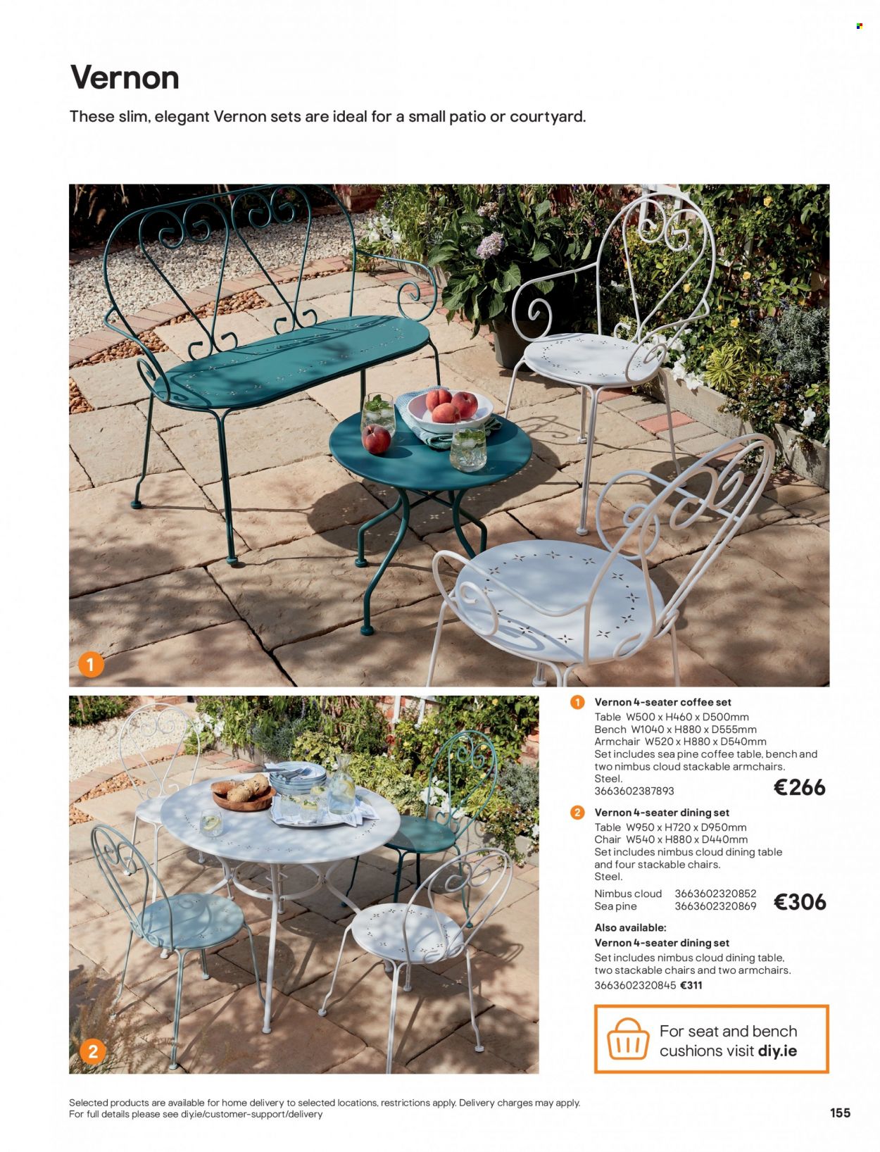 B&Q offer  - Sales products - dining set, dining table, table, chair, bench, arm chair, coffee table, cushion, bench cushion. Page 155.
