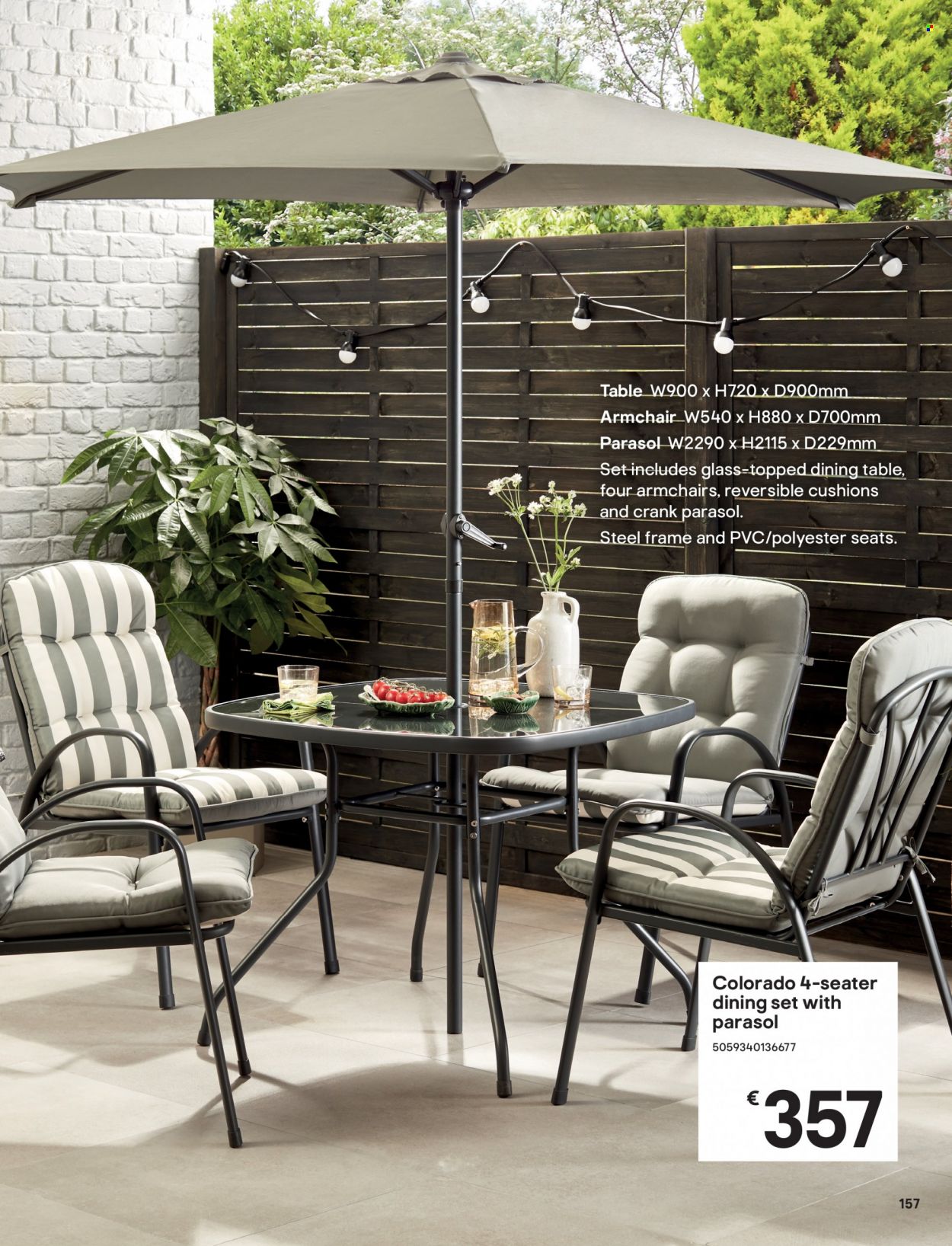 B&Q offer  - Sales products - dining set, dining table, table, arm chair, cushion. Page 157.