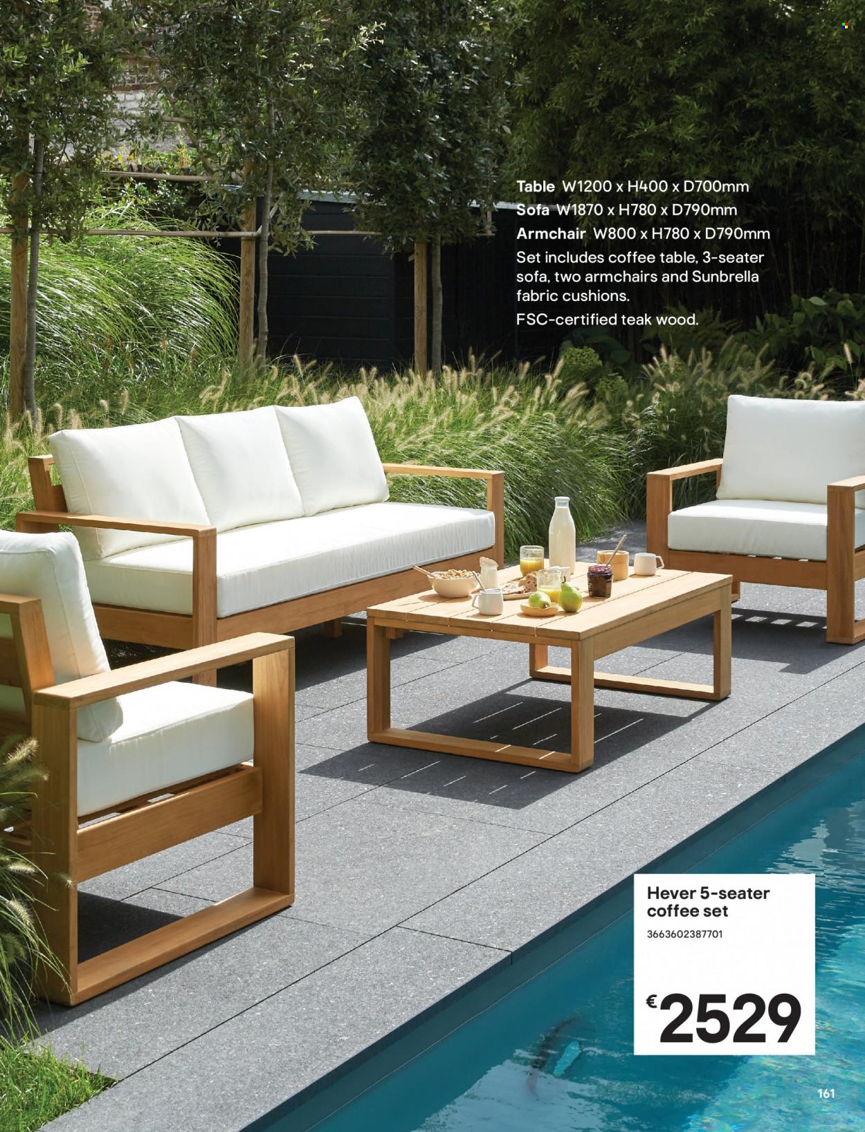 B&Q offer  - Sales products - table, arm chair, sofa, coffee table, cushion. Page 161.