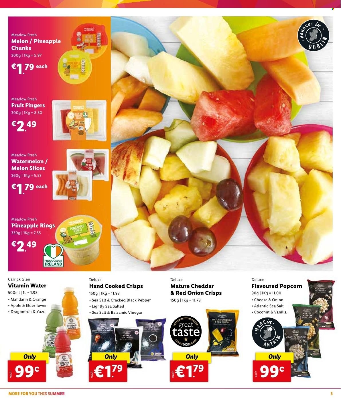 Lidl offer  - Sales products - mandarines, watermelon, melons, cheddar, popcorn, black pepper, balsamic vinegar, vinegar, vitamin water. Page 5.