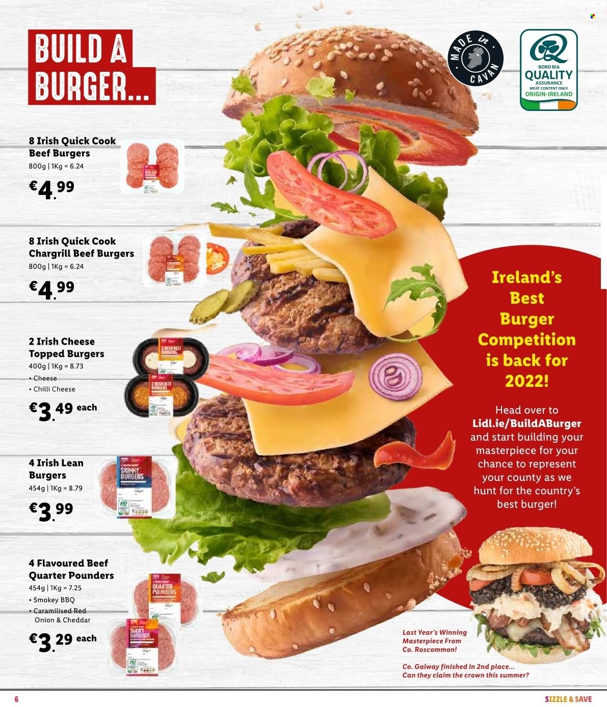 Lidl offer  - Sales products - beef burger, cheese. Page 6.