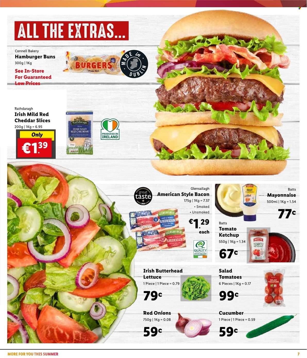 Lidl offer  - Sales products - buns, burger buns, red onions, onion, lettuce, salad, bacon, cheddar, cheese, mayonnaise, ketchup. Page 7.