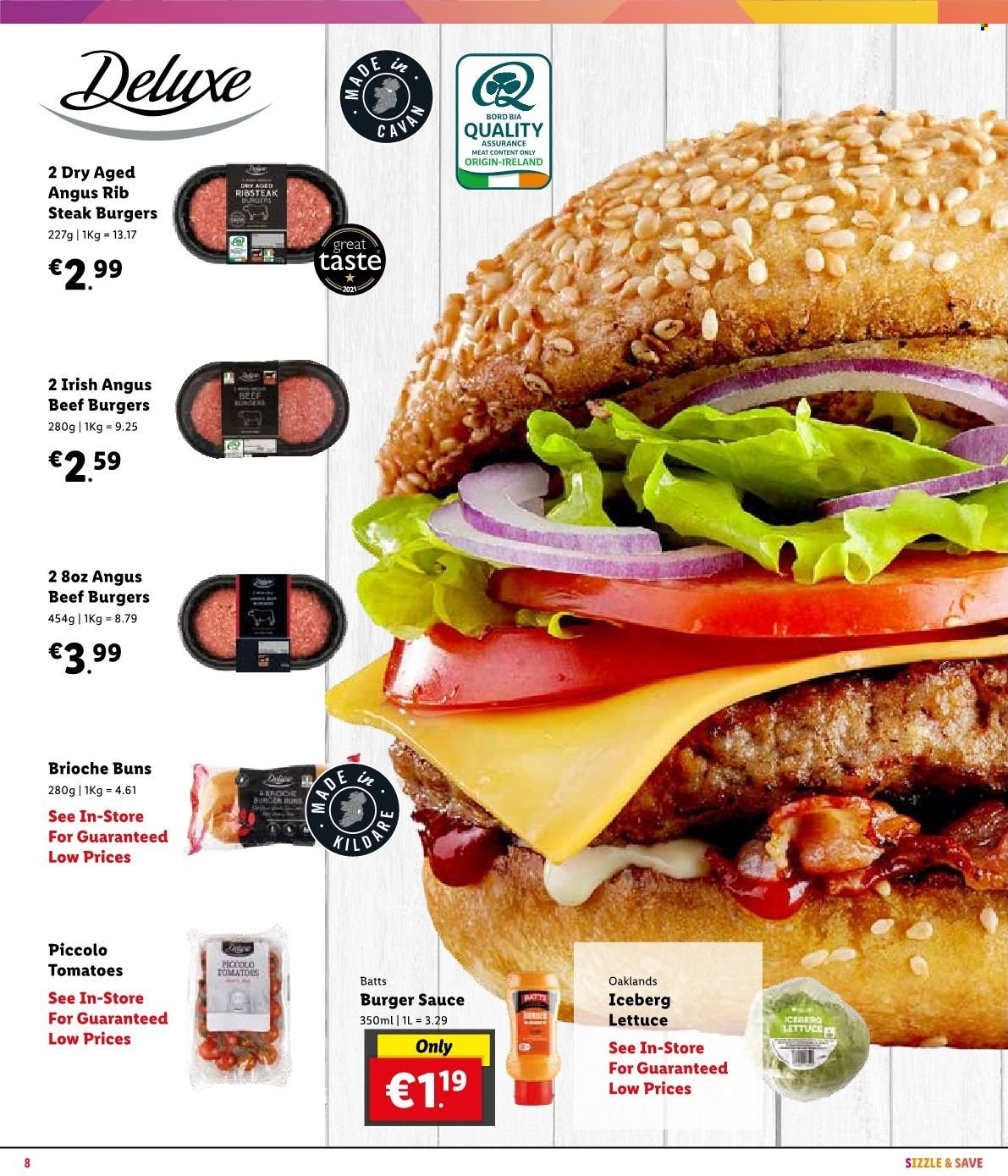 Lidl offer  - Sales products - buns, burger buns, brioche, tomatoes, lettuce, sauce, beef burger, beef meat, steak. Page 8.