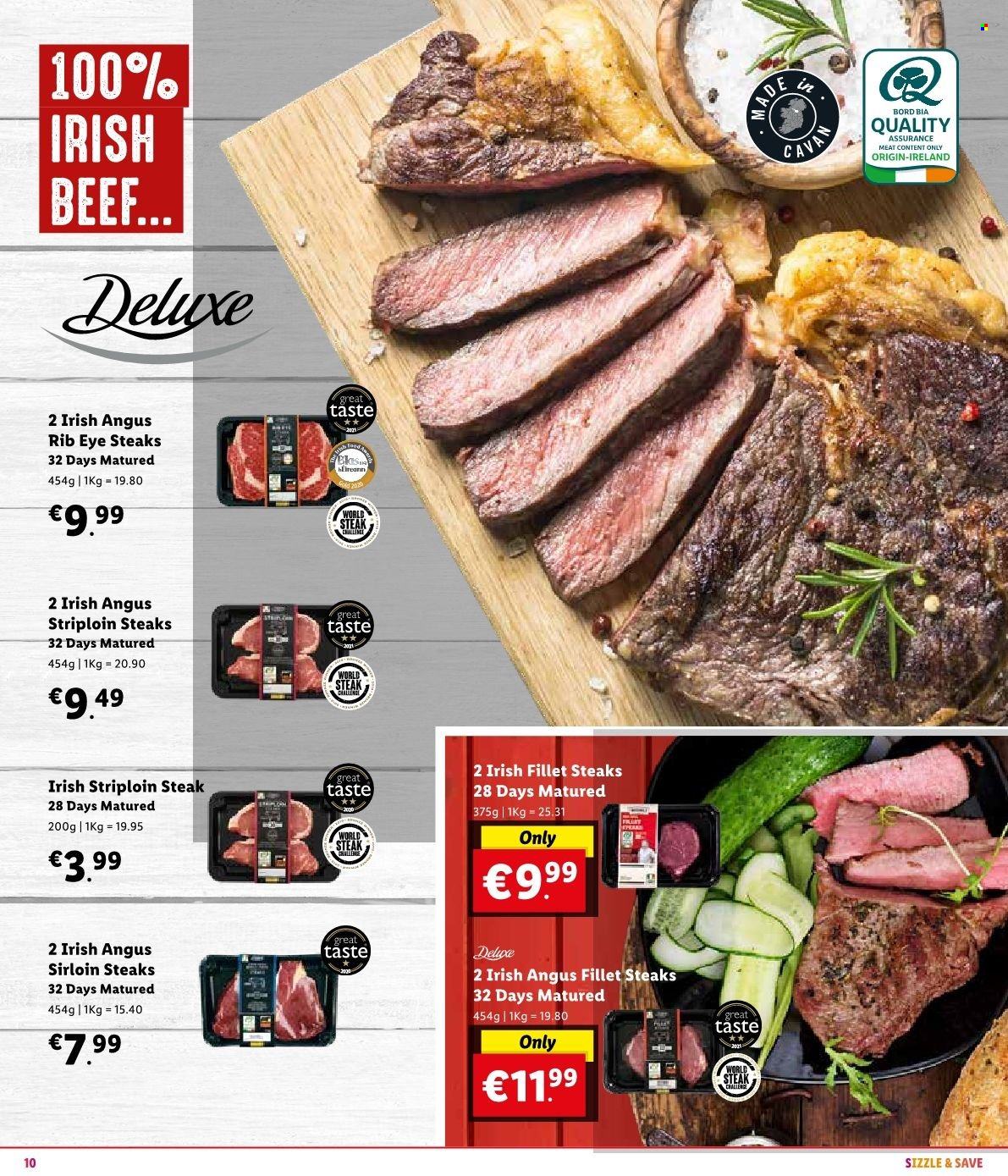 Lidl offer  - Sales products - beef meat, steak, rib eye, sirloin steak, striploin steak. Page 12.