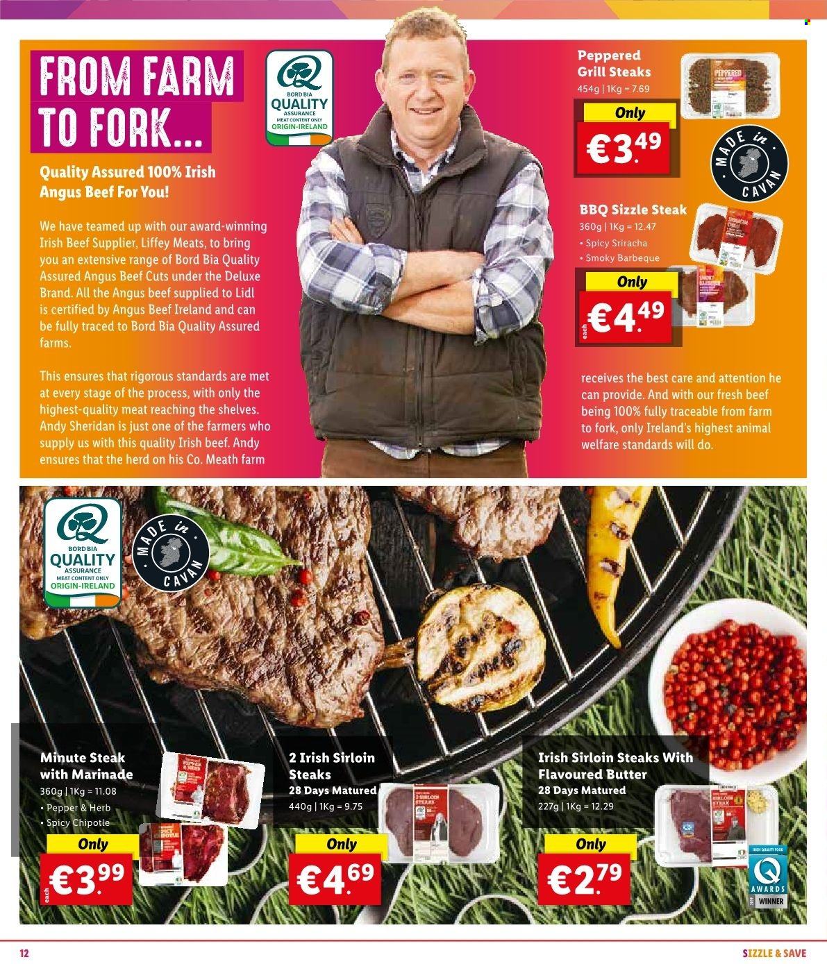 Lidl offer  - Sales products - butter, sriracha, marinade, beef meat, steak, sirloin steak, fork, grill. Page 14.