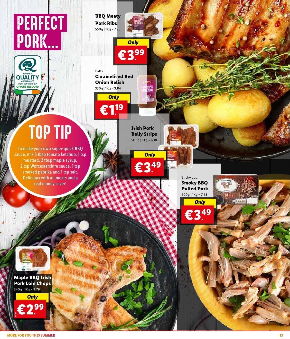 Lidl offer  - Sales products - onion, pulled pork, strips, barbecue sauce, mustard, worcestershire sauce, ketchup, maple syrup, syrup, pork belly, pork chops, pork loin, pork meat, pork ribs. Page 15.