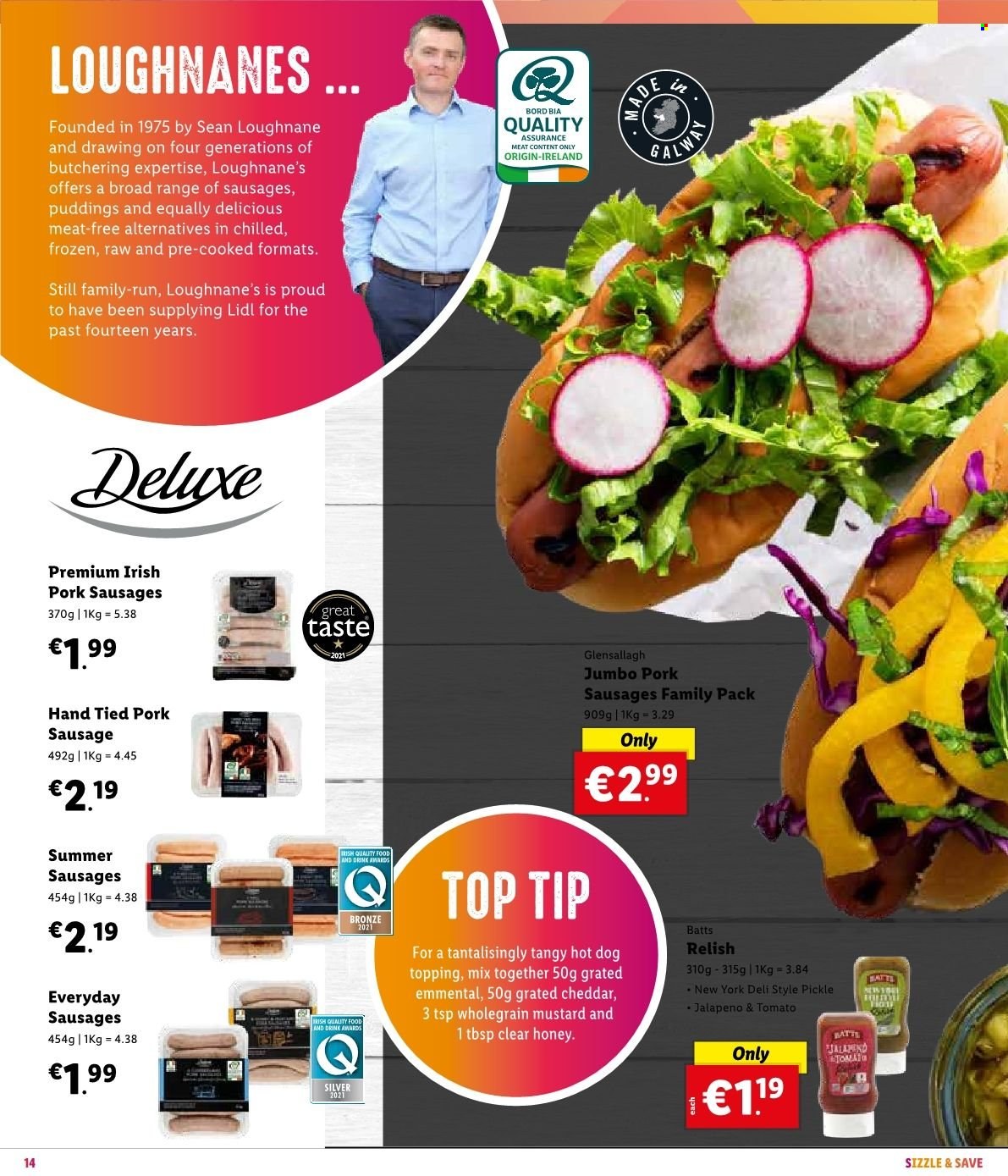 Lidl offer  - Sales products - jalapeño, hot dog, sausage, pork sausage, cheddar, cheese, pudding, topping, mustard, honey. Page 16.