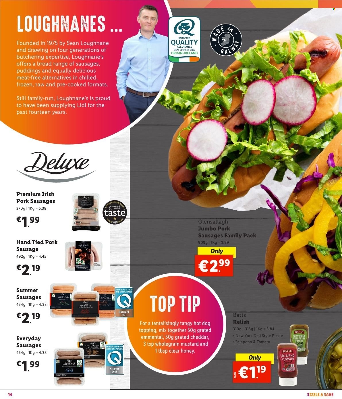 Lidl offer  - Sales products - jalapeño, hot dog, sausage, pork sausage, cheddar, cheese, pudding, topping, mustard, honey. Page 18.