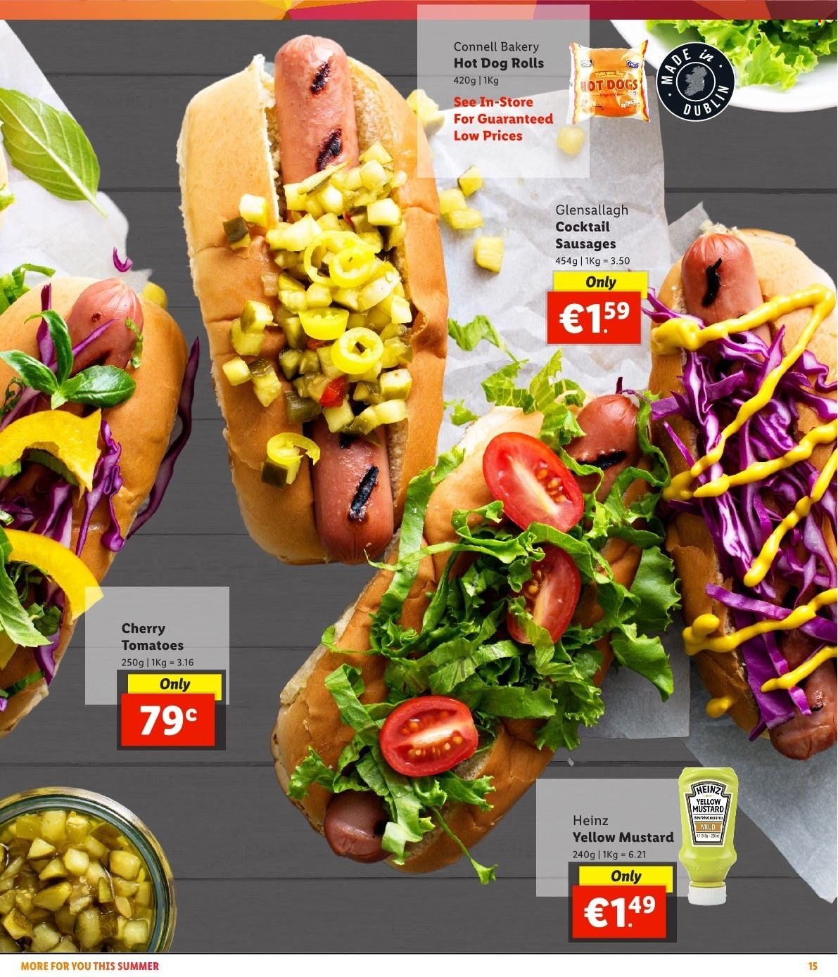Lidl offer  - Sales products - hotdog rolls, tomatoes, cherries, sausage, Heinz, mustard. Page 19.