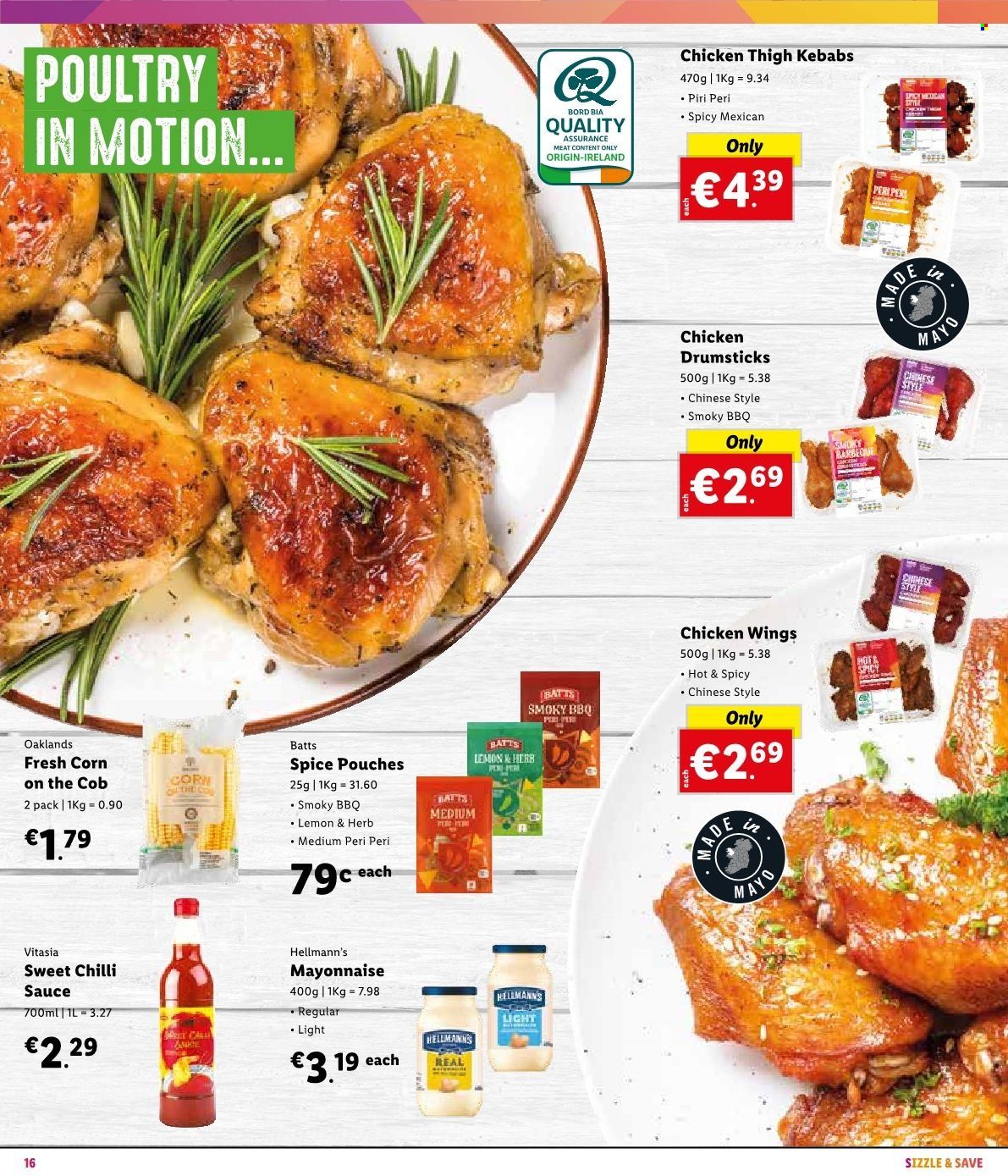 Lidl offer  - Sales products - corn, sauce, mayonnaise, Hellmann’s, chicken wings, spice, chilli sauce, sweet chilli sauce, chicken drumsticks, chicken meat, pen. Page 20.
