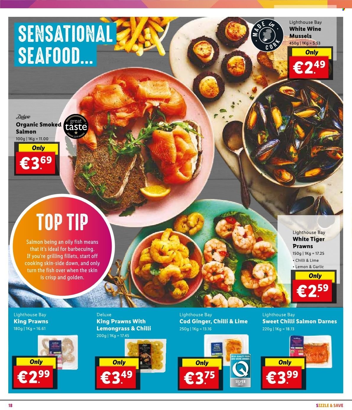 Lidl offer  - Sales products - ginger, cod, mussel, salmon, seafood, prawns, fish, white wine. Page 22.