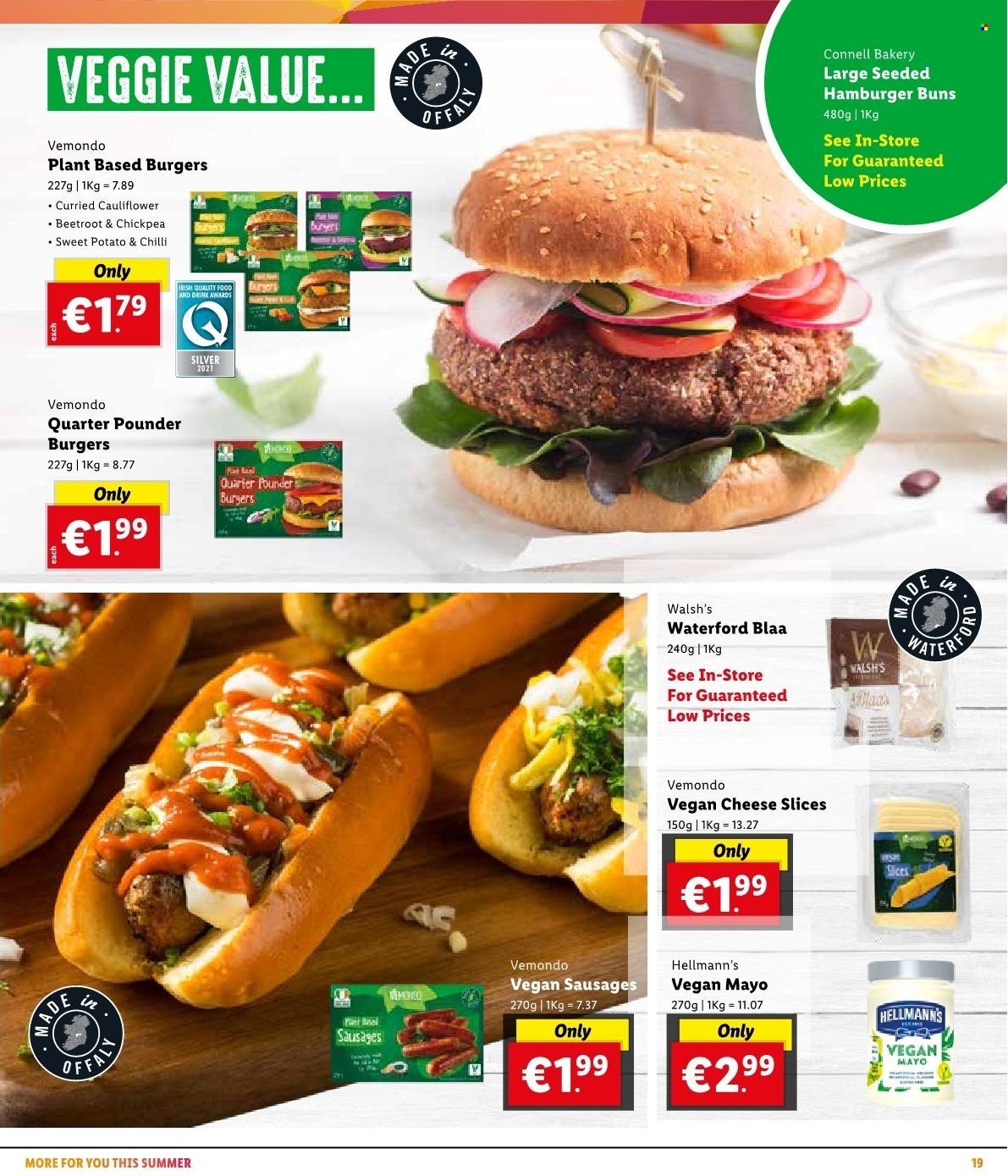 Lidl offer  - Sales products - buns, burger buns, cauliflower, beetroot, pears, sausage, sliced cheese, cheese, mayonnaise, Hellmann’s. Page 23.