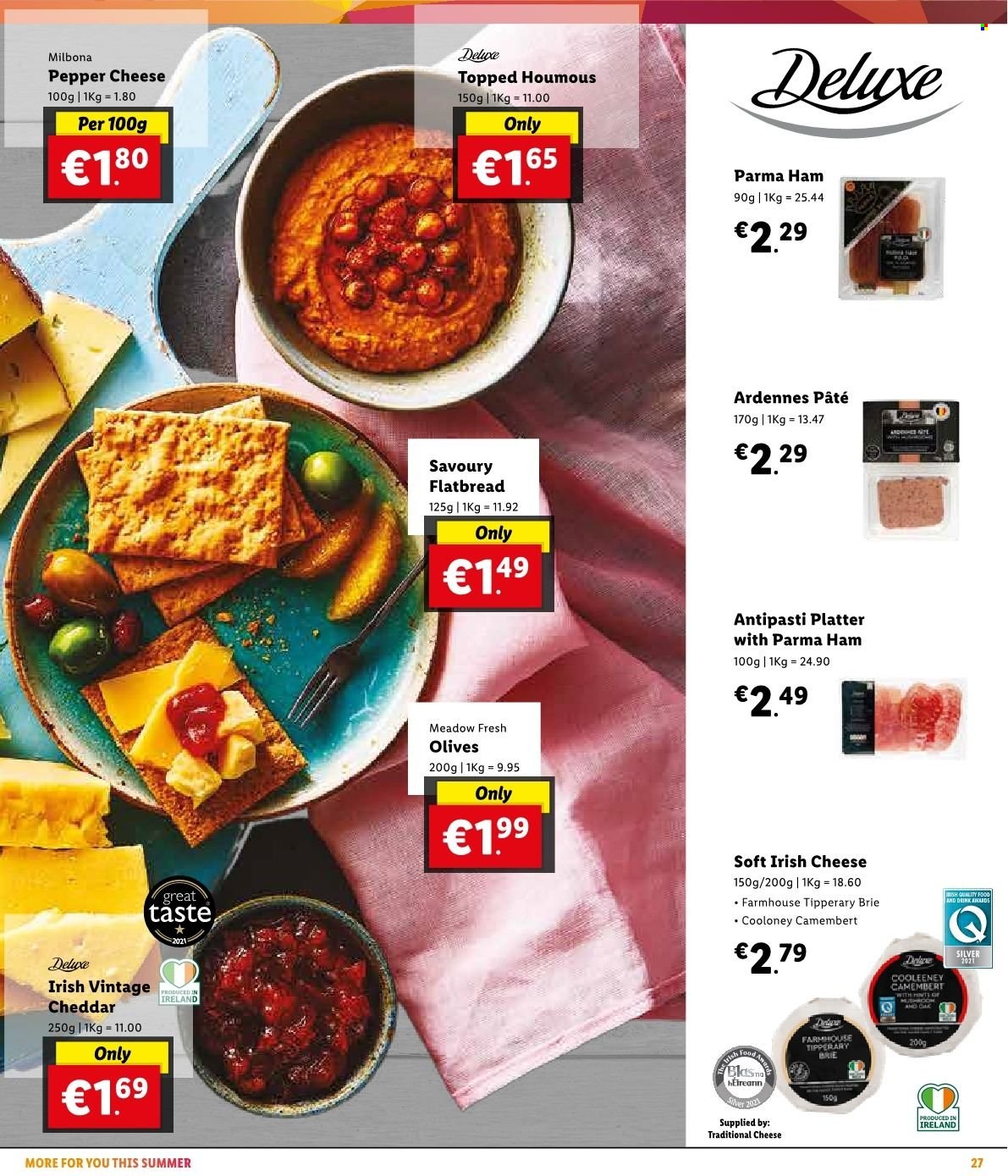 Lidl offer  - Sales products - flatbread, ham, houmous, camembert, cheddar, cheese, brie cheese, olives, pepper, platter. Page 31.