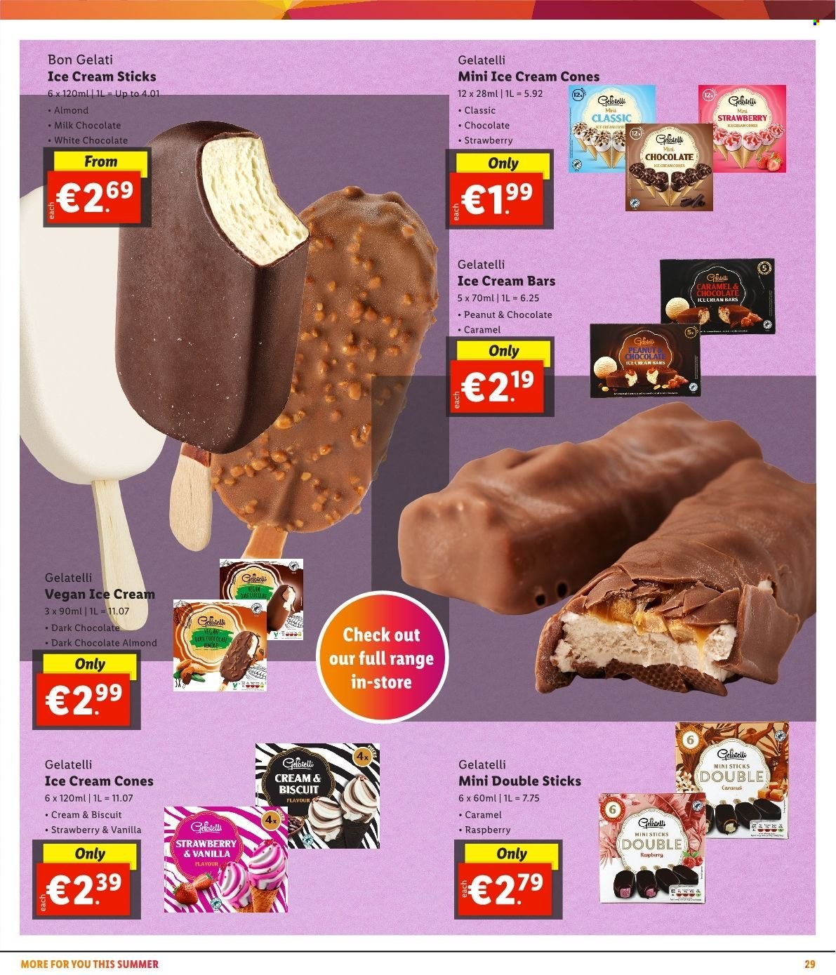 Lidl offer  - Sales products - ice cream, ice cream bars, milk chocolate, white chocolate, biscuit, dark chocolate, caramel. Page 33.