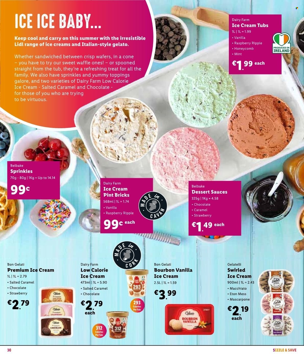 Lidl offer  - Sales products - mascarpone, ice cream, gelato, wafers. Page 34.