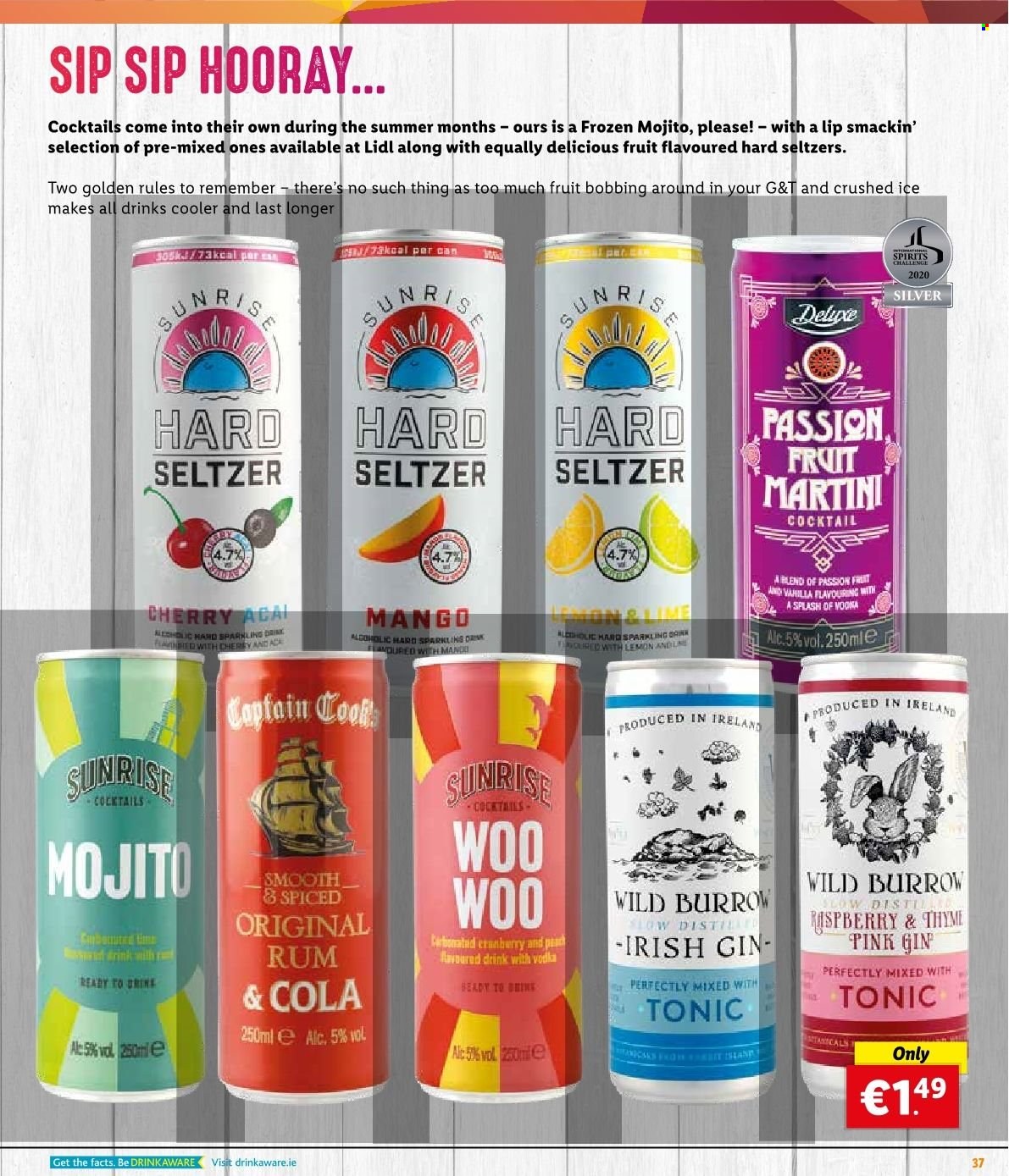 Lidl offer  - Sales products - cherries, tonic, gin, rum, vodka, Martini, hard seltzer. Page 41.