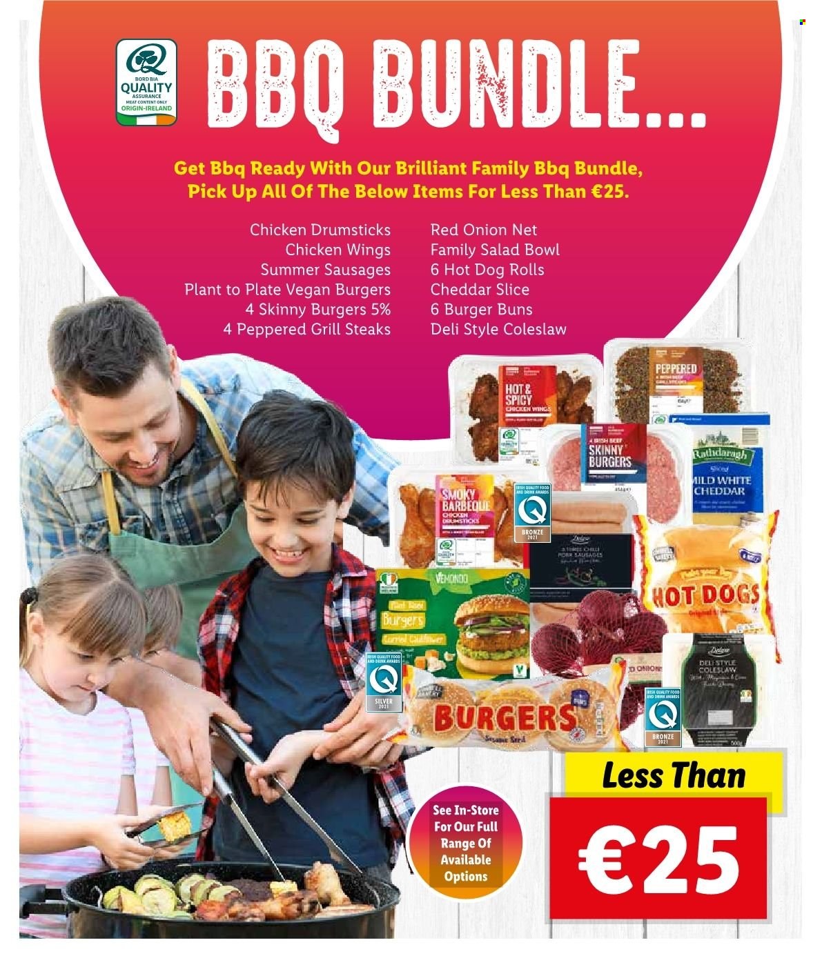 Lidl offer  - Sales products - hotdog rolls, buns, burger buns, onion, coleslaw, veggie burger, sausage, cheddar, cheese, chicken wings, Bai, chicken drumsticks, chicken meat, steak, salad bowl, grill, plant. Page 43.