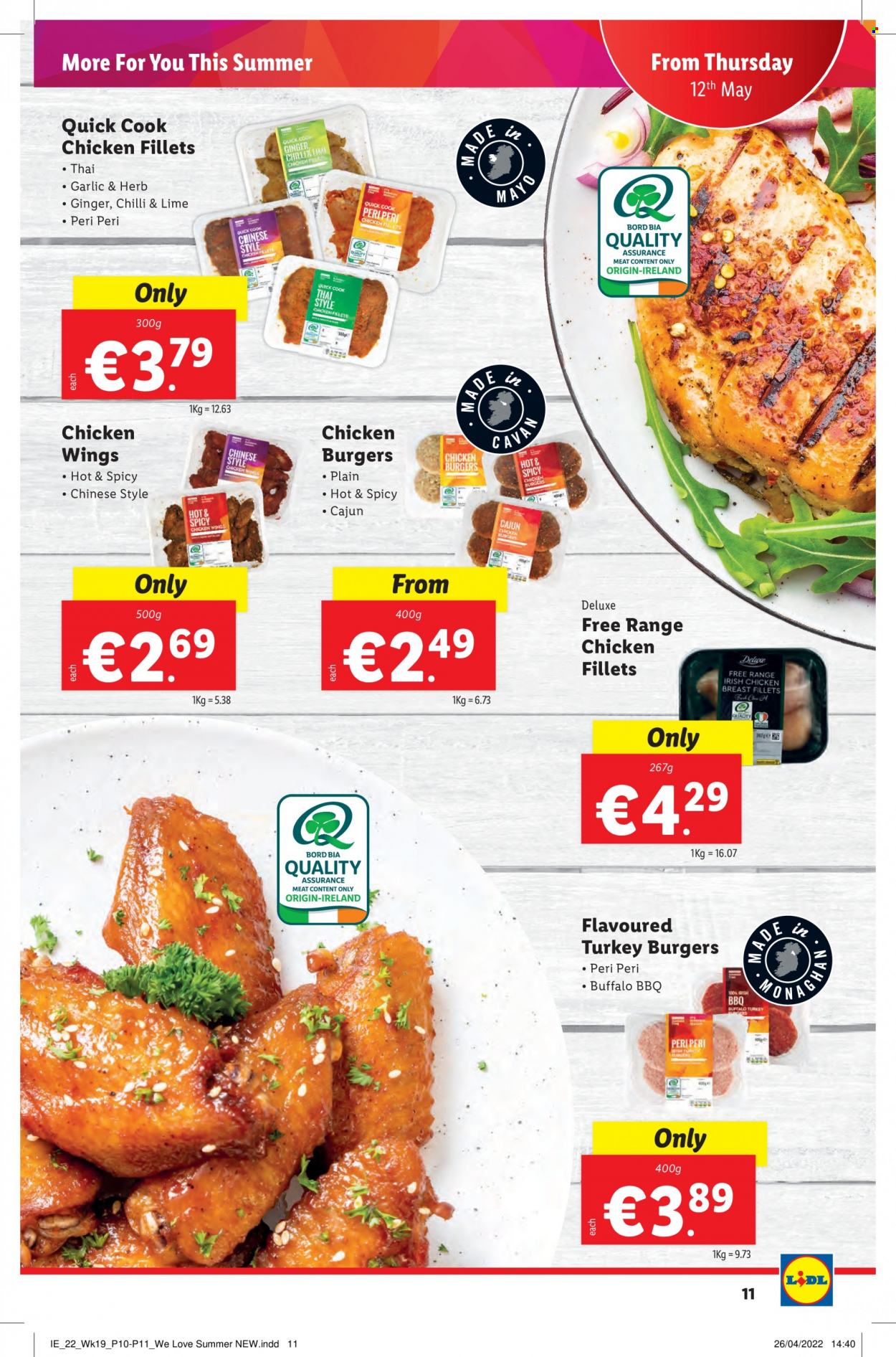 Lidl offer  - 12.5.2022 - 18.5.2022 - Sales products - ginger, hamburger, mayonnaise, chicken wings, chicken breasts, chicken meat, turkey burger. Page 11.