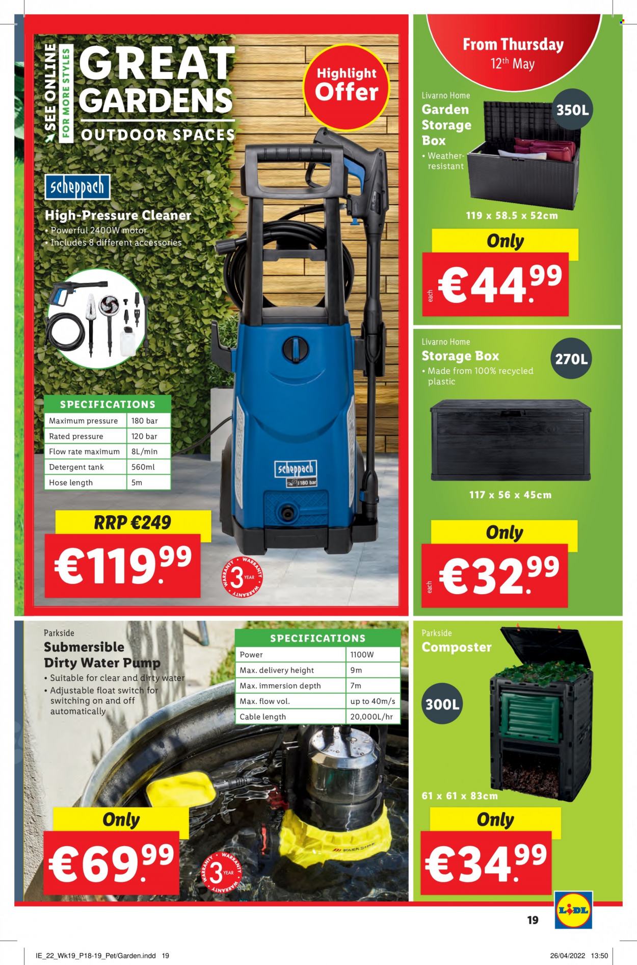 Lidl offer  - 12.5.2022 - 18.5.2022 - Sales products - switch, detergent, cleaner, tank, high pressure cleaner, Parkside, water pump, pump, garden storage box. Page 19.