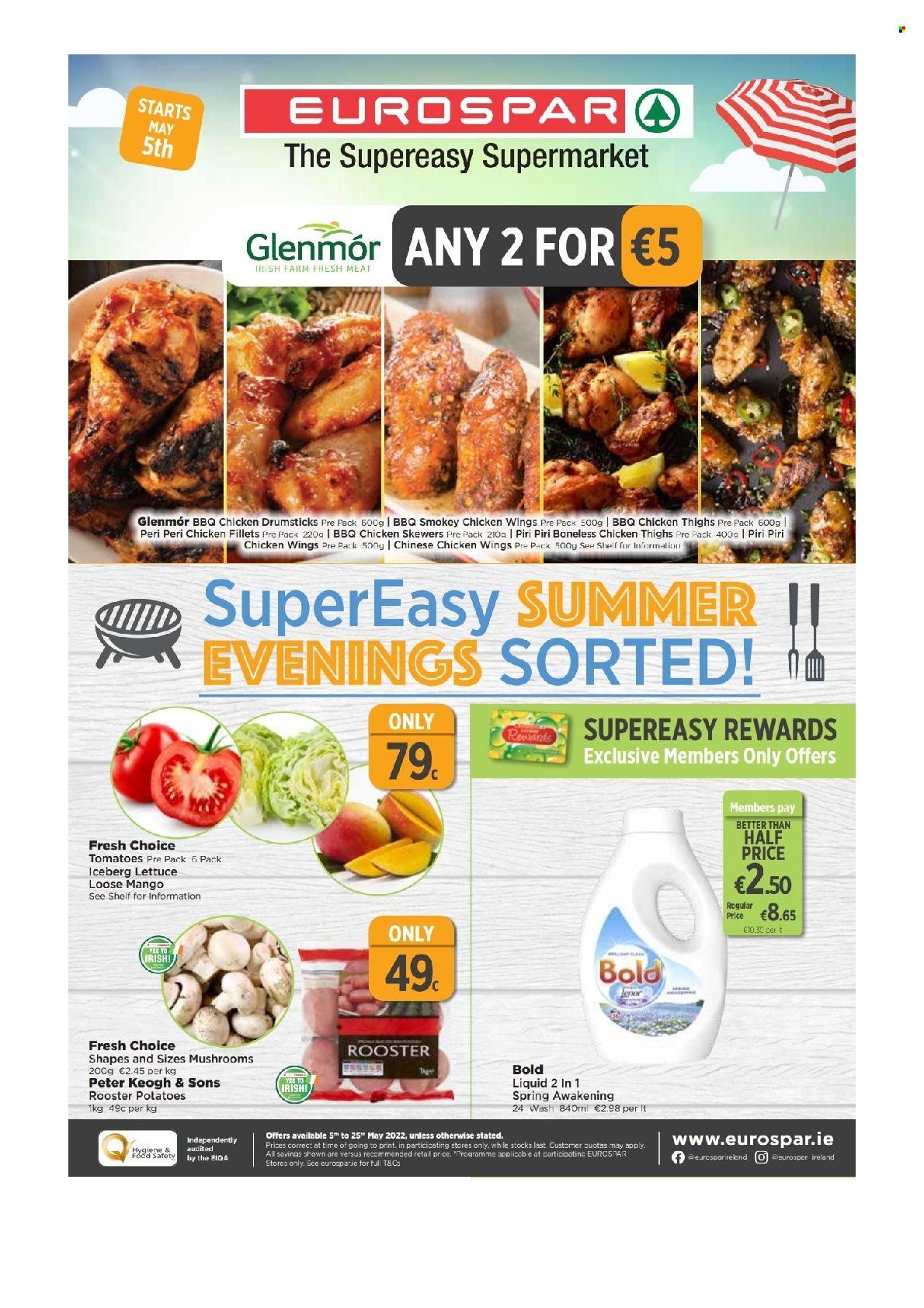 EUROSPAR offer  - 5.5.2022 - 25.5.2022 - Sales products - mushroom, tomatoes, potatoes, lettuce, mango, chicken wings, chicken thighs, chicken drumsticks, chicken meat. Page 1.