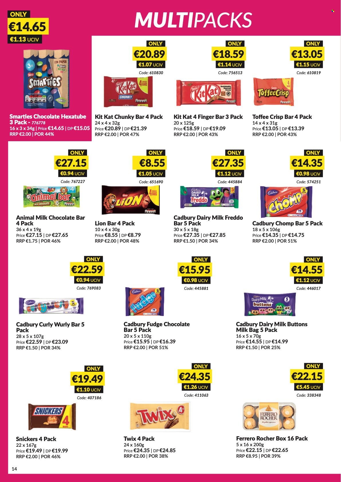 MUSGRAVE Market Place offer  - 8.5.2022 - 4.6.2022 - Sales products - Fudge, milk chocolate, Ferrero Rocher, Snickers, Twix, Smarties, KitKat, toffee, Cadbury, Dairy Milk, chocolate bar, paper. Page 14.