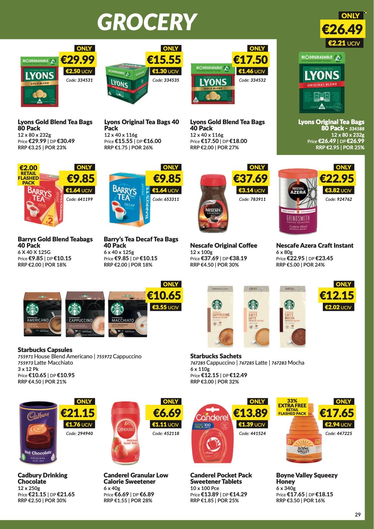MUSGRAVE Market Place offer  - 8.5.2022 - 4.6.2022 - Sales products - Cadbury, Canderel, sweetener, honey, hot chocolate, tea bags, Lyons, cappuccino, coffee, Nescafé, Starbucks. Page 30.