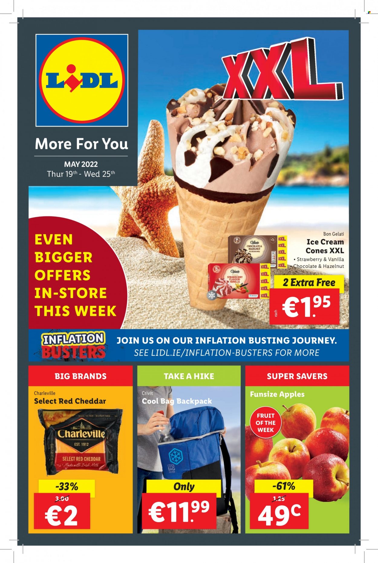 Lidl offer  - 19.5.2022 - 25.5.2022 - Sales products - Crivit, apples, cheddar, cheese, milk, ice cream, backpack. Page 1.