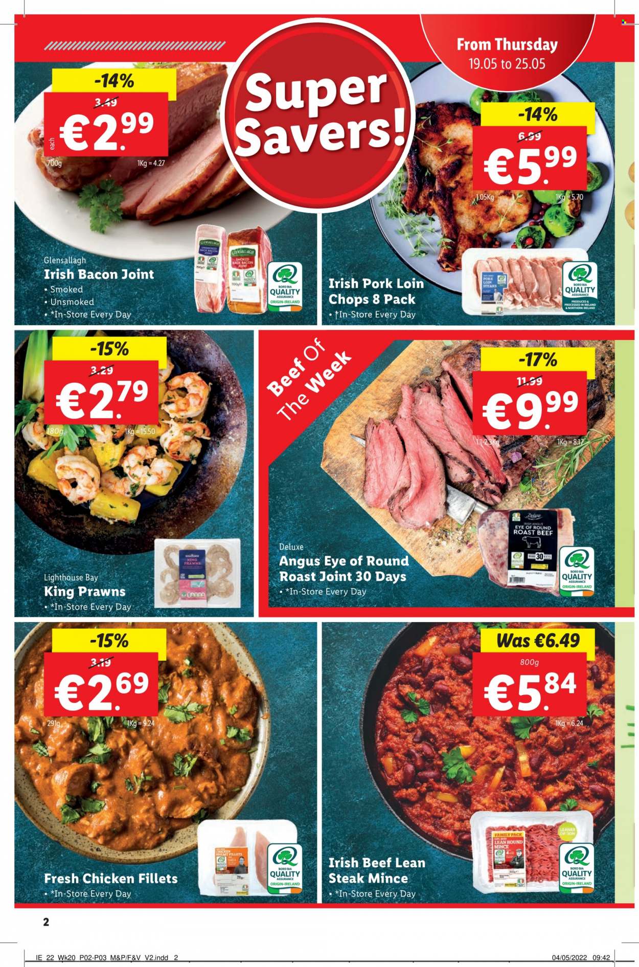 Lidl offer  - 19.5.2022 - 25.5.2022 - Sales products - prawns, bacon, beef meat, steak, eye of round, round roast, pork loin, pork meat, back bacon joint. Page 2.