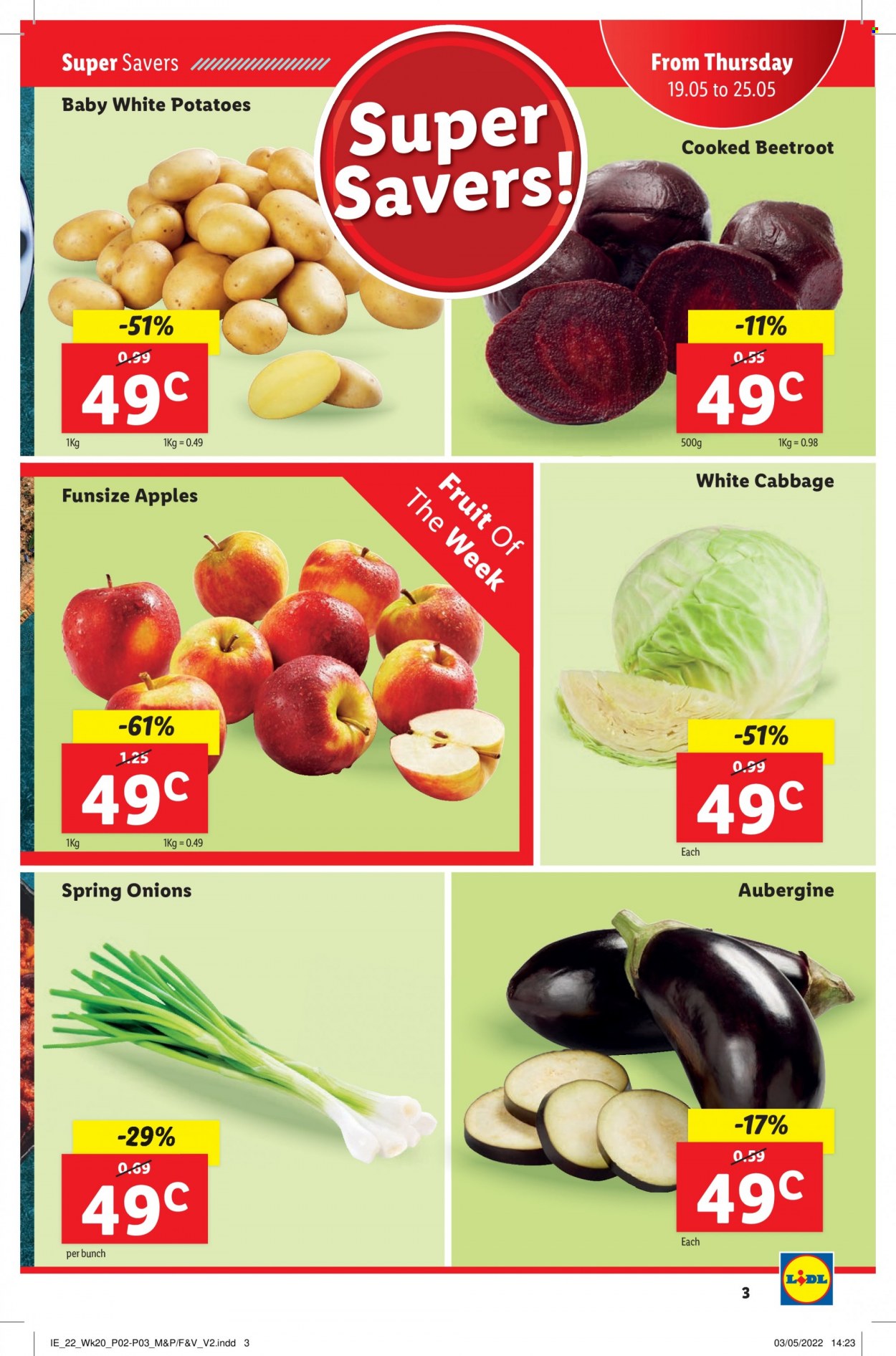 Lidl offer  - 19.5.2022 - 25.5.2022 - Sales products - cabbage, potatoes, onion, eggplant, green onion, beetroot, apples. Page 3.