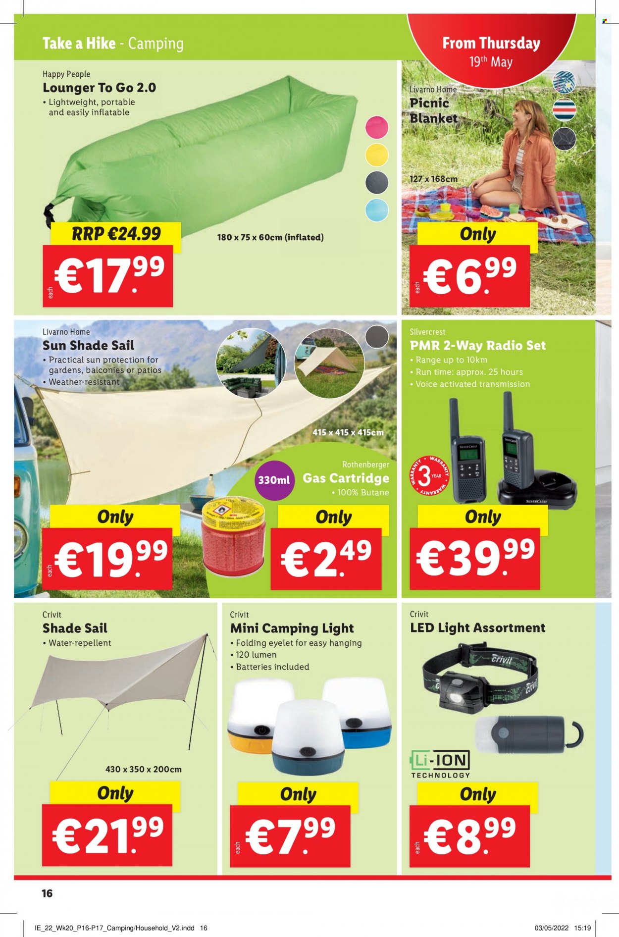 Lidl offer  - 19.5.2022 - 25.5.2022 - Sales products - Crivit, SilverCrest, repellent, blanket, radio, cartridge, LED light, sun shade, picnic blanket. Page 16.