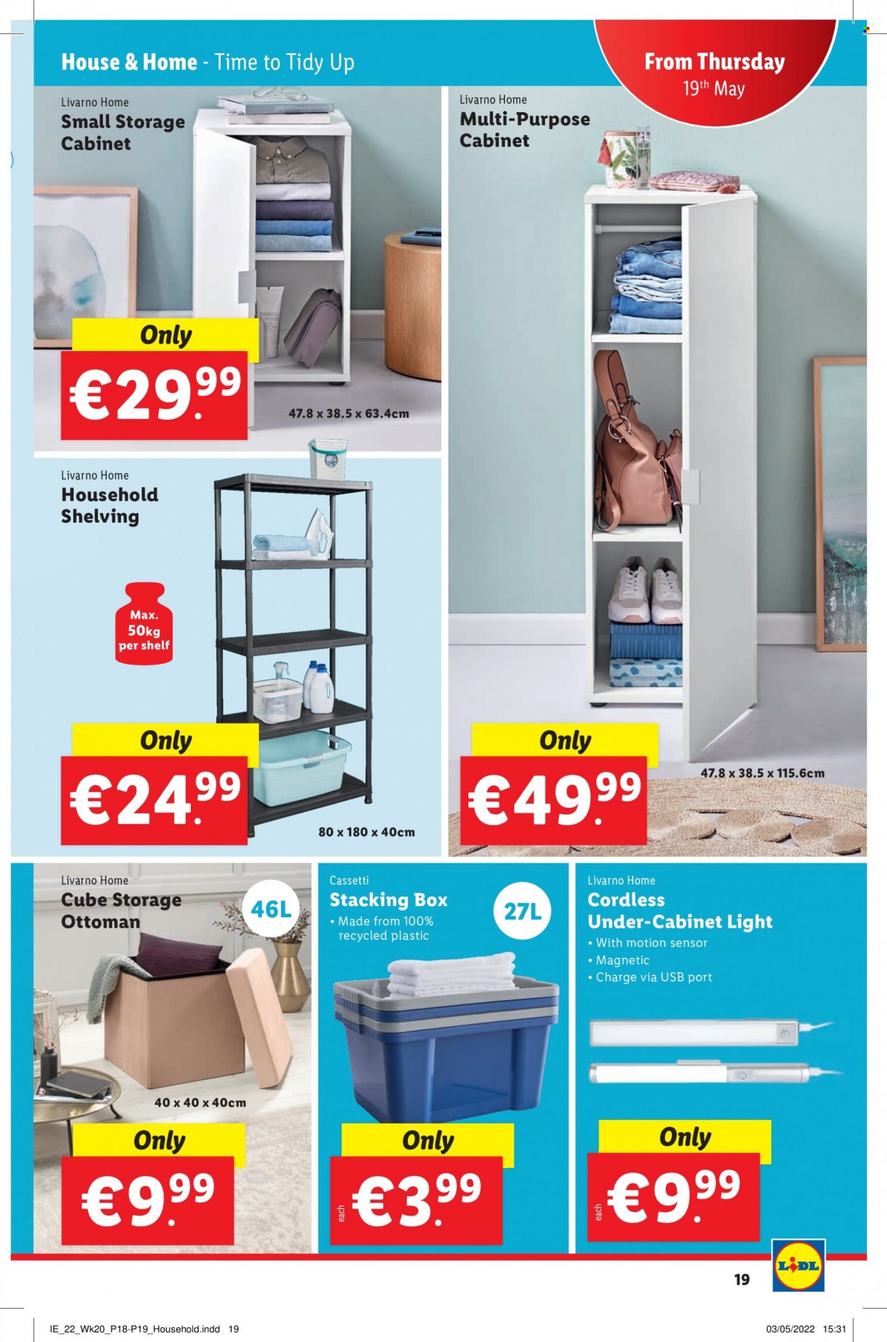 Lidl offer  - 19.5.2022 - 25.5.2022 - Sales products - cabinet, ottoman, paper, motion sensor, tool cabinets. Page 19.