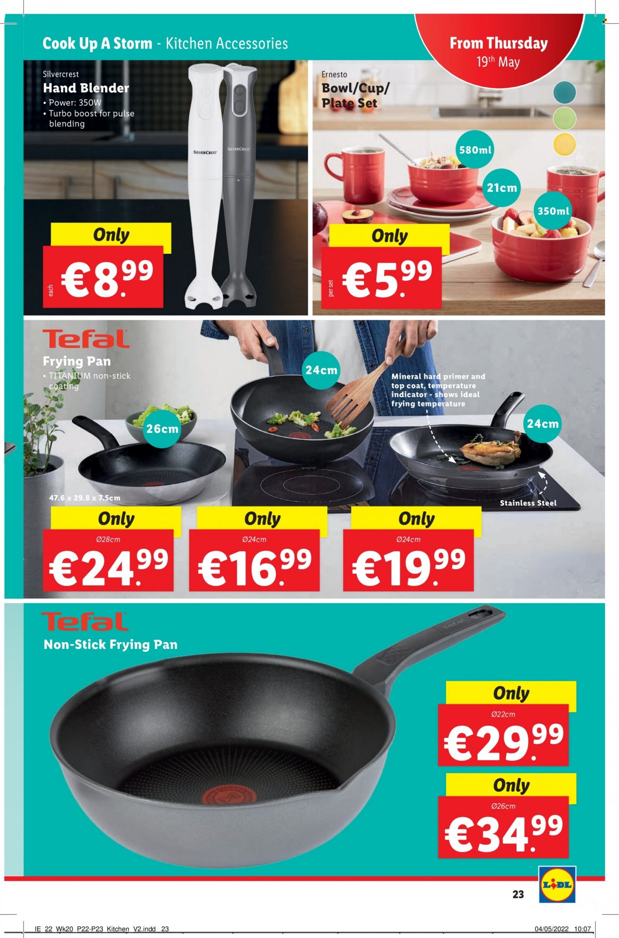 Lidl offer  - 19.5.2022 - 25.5.2022 - Sales products - Tefal, SilverCrest, Boost, top coat, Ernesto, plate, pan, cup, bowl, hand blender, coat. Page 23.
