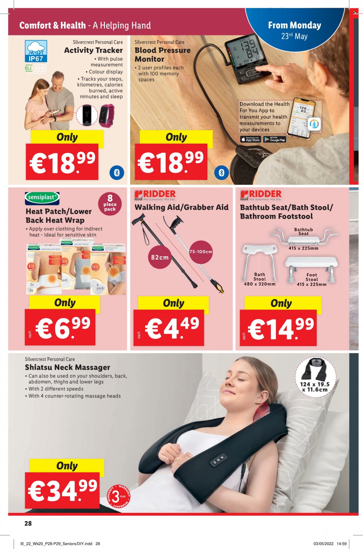Lidl offer  - 19.5.2022 - 25.5.2022 - Sales products - stool, SilverCrest, Ace, activity tracker, pressure monitor, Lee, bathtub. Page 28.