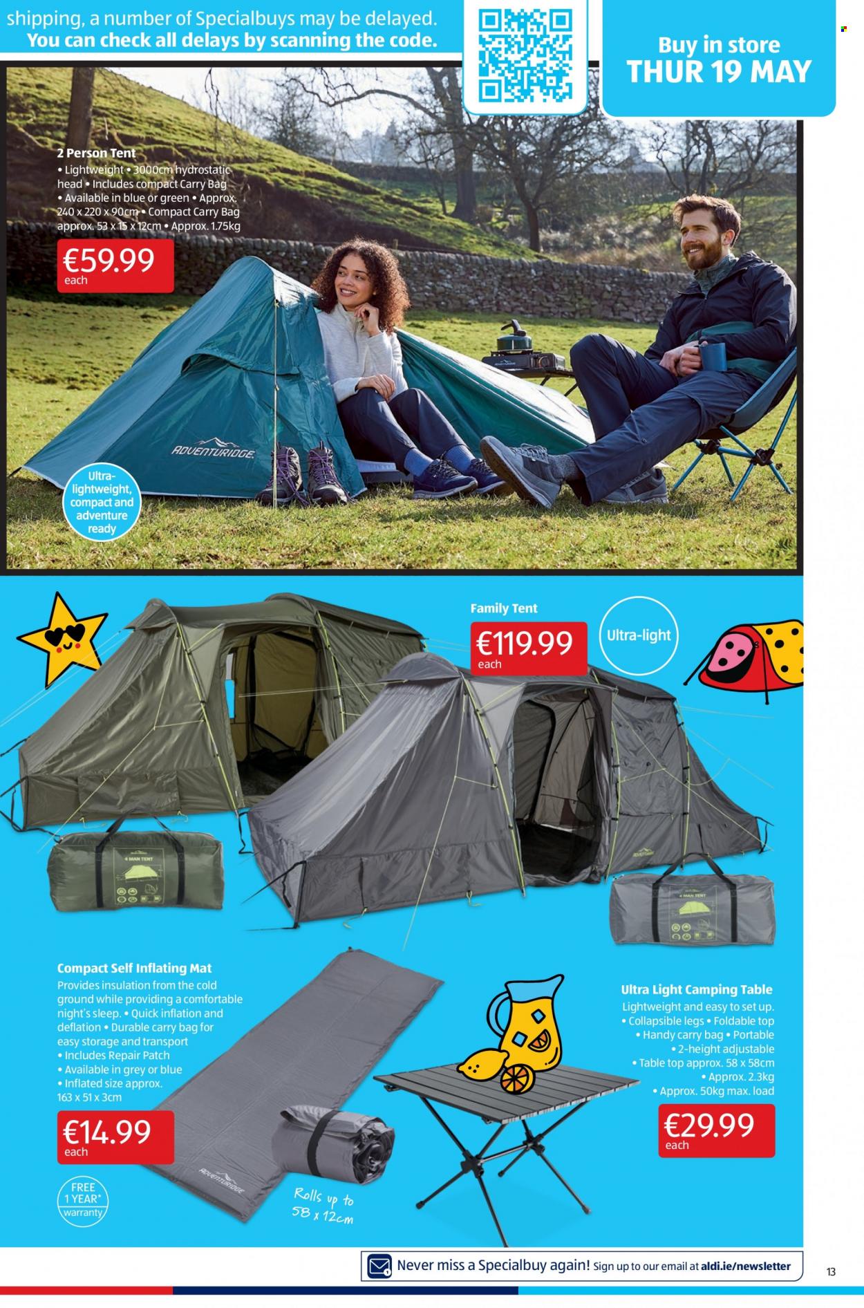 Aldi offer  - 19.5.2022 - 25.5.2022 - Sales products - table, carry bag, tent. Page 13.