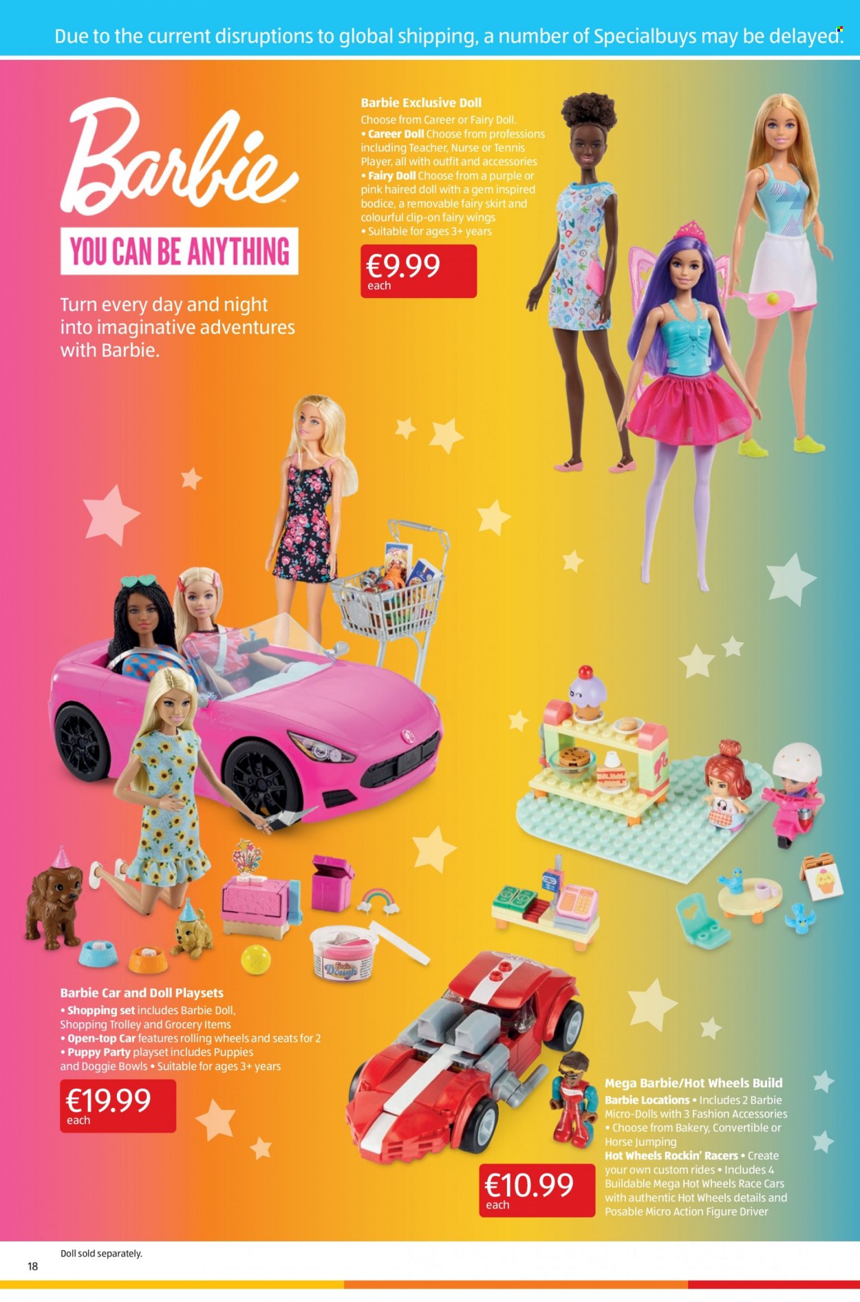 Aldi offer  - 19.5.2022 - 25.5.2022 - Sales products - Hot Wheels, trolley, Barbie, skirt, doll, play set, fairy doll. Page 18.