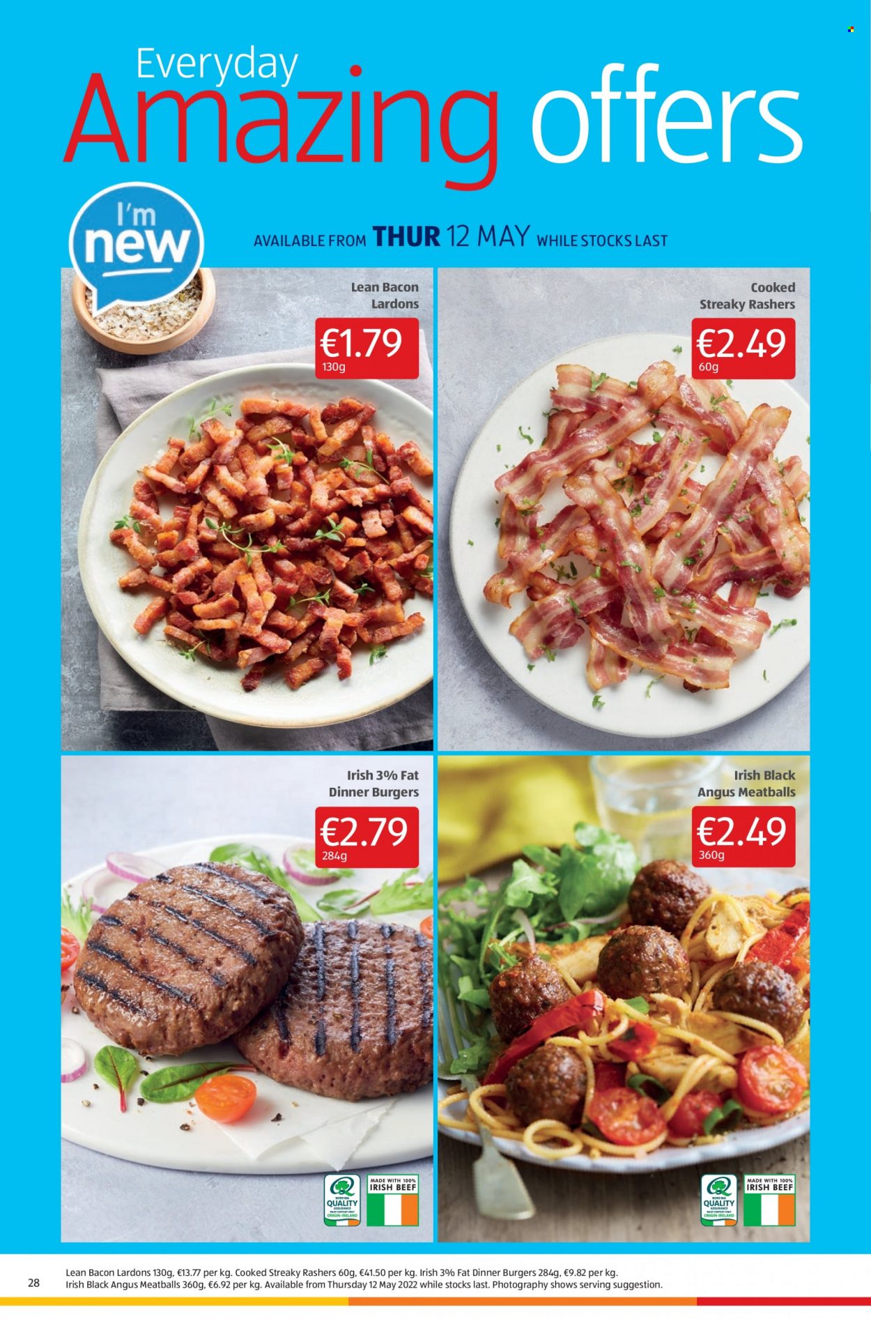 Aldi offer  - 19.5.2022 - 25.5.2022 - Sales products - meatballs, hamburger, bacon, rashers. Page 28.