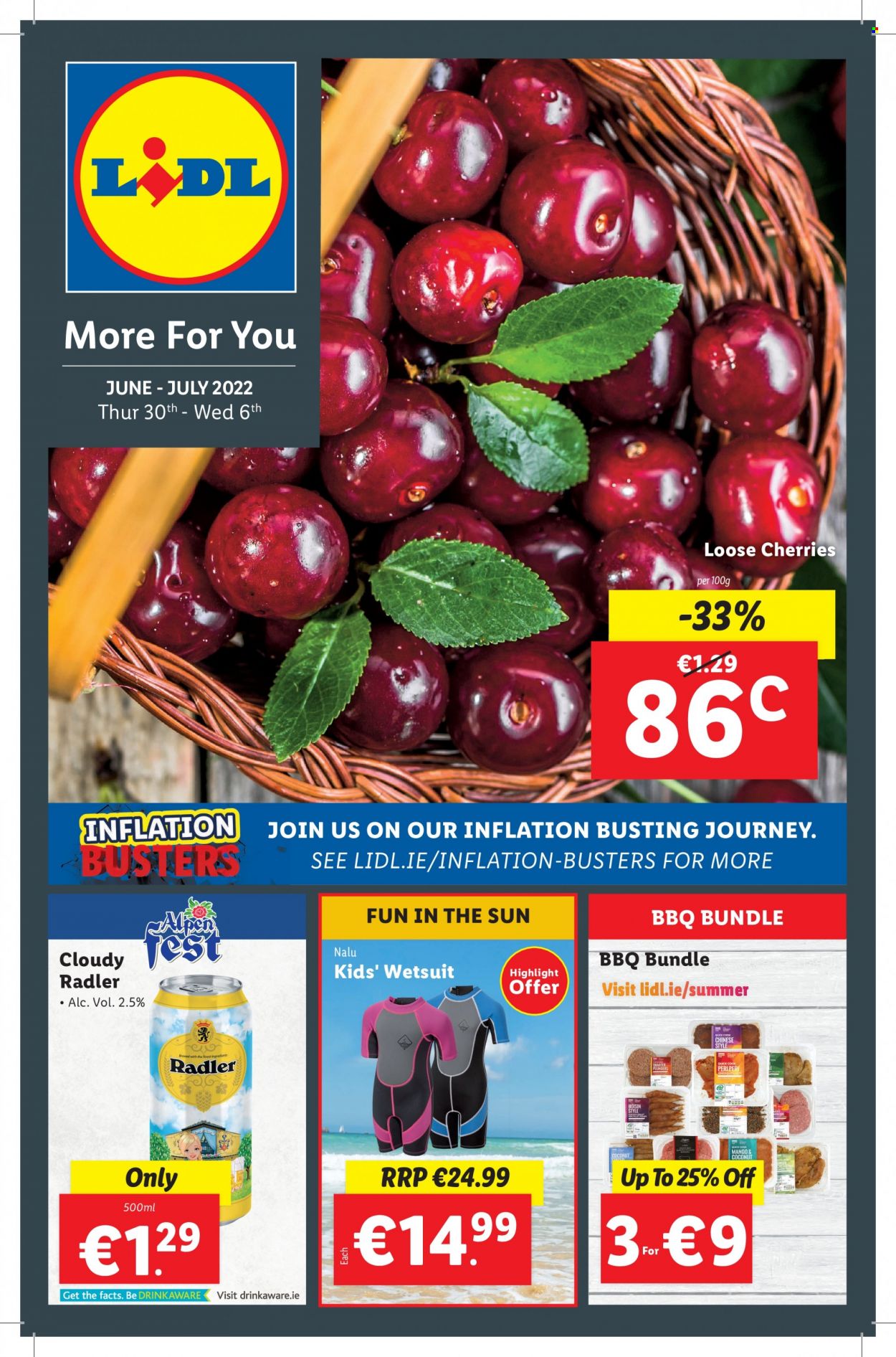 Lidl offer  - 30.6.2022 - 6.7.2022 - Sales products - cherries, hoisin sauce, wetsuit. Page 1.