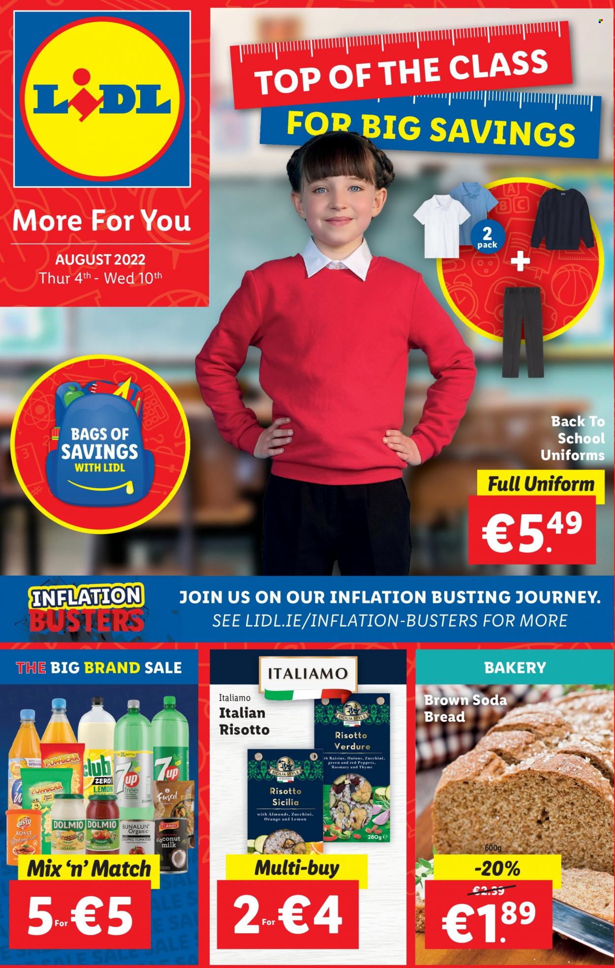 Lidl offer  - 4.8.2022 - 10.8.2022 - Sales products - bread, soda bread, tomatoes, zucchini squash, red peppers, orange, risotto, cheese, coconut milk, chopped tomatoes, raisins, dried fruit. Page 1.