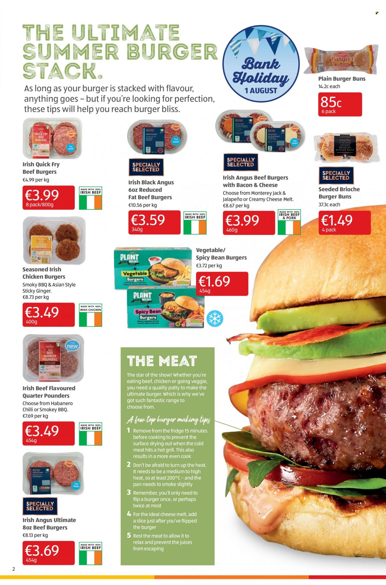 Aldi offer  - 4.8.2022 - 10.8.2022 - Sales products - buns, burger buns, brioche, ginger, beef burger, monterey jack cheese, juice, beef meat, pan. Page 2.