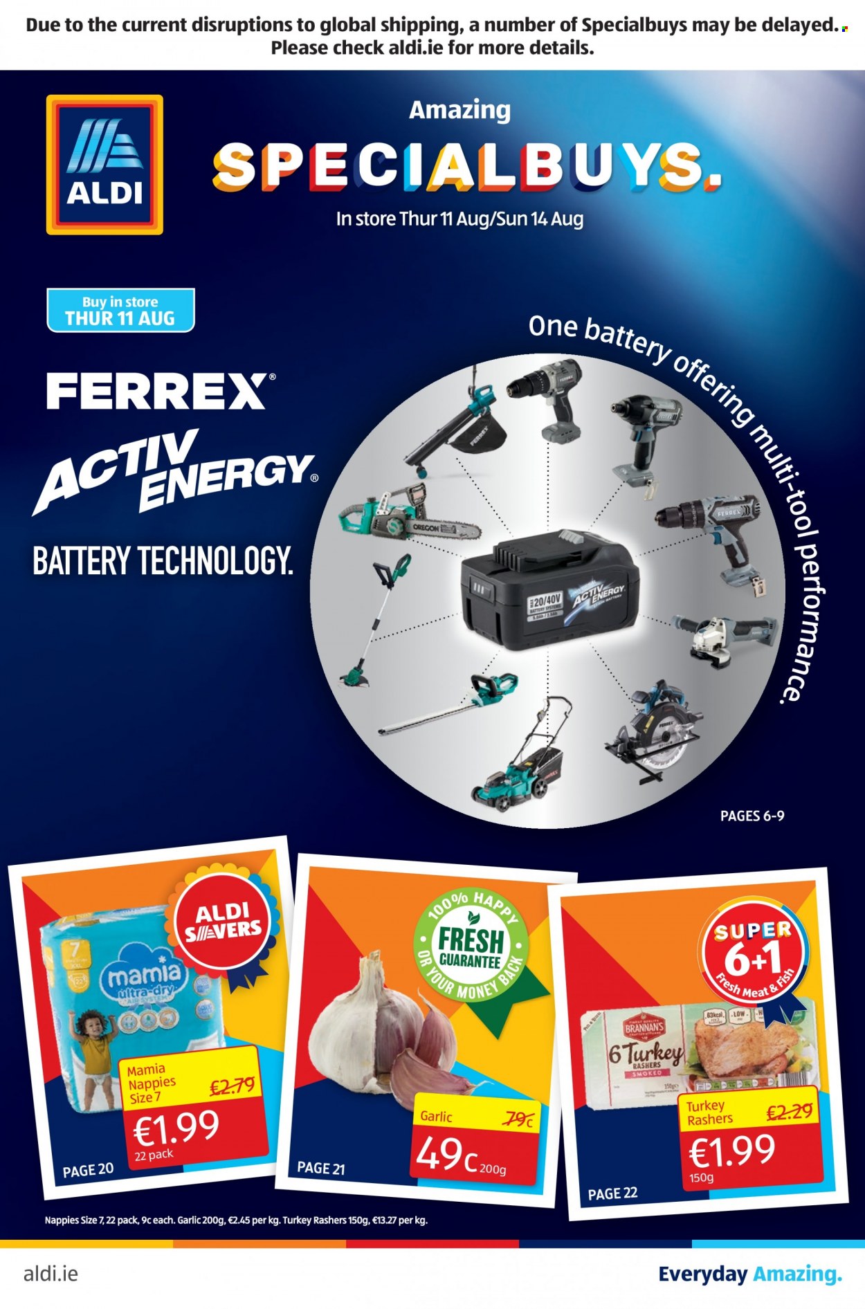 Aldi offer  - 11.8.2022 - 17.8.2022 - Sales products - garlic, fish, rashers, nappies, battery. Page 1.