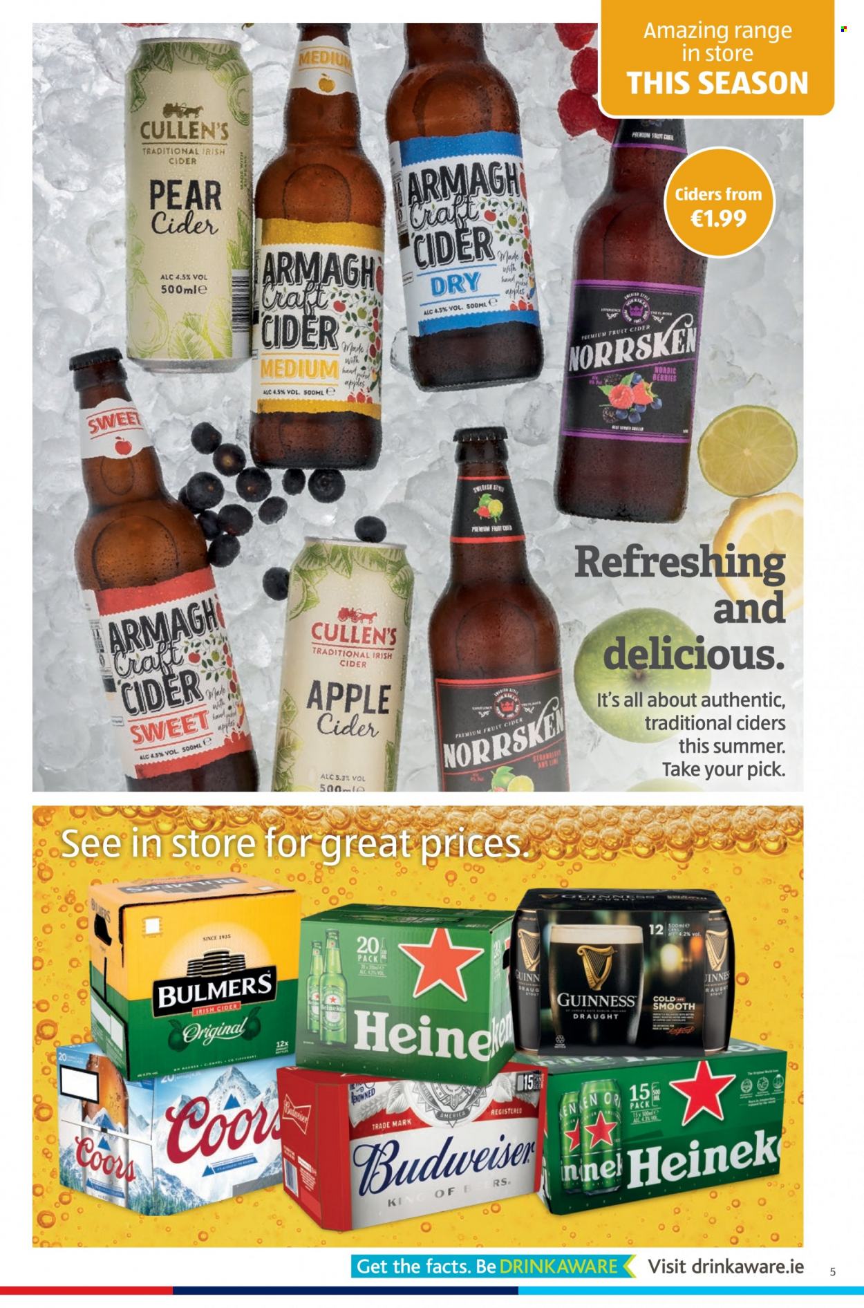 Aldi offer  - 11.8.2022 - 17.8.2022 - Sales products - pears, apple cider, cider, beer, Bulmers, Guinness, Budweiser, Coors. Page 5.