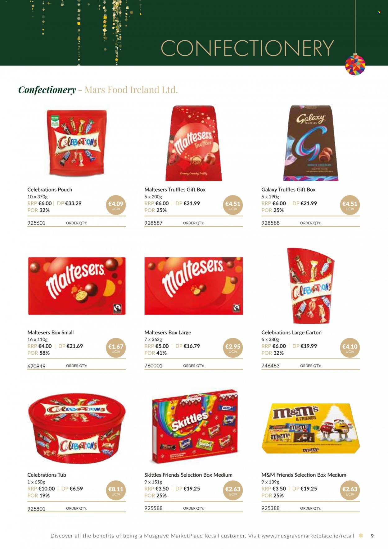 MUSGRAVE Market Place offer  - Sales products - Mars, M&M's, truffles, Celebration, Maltesers, Skittles, gift box. Page 9.