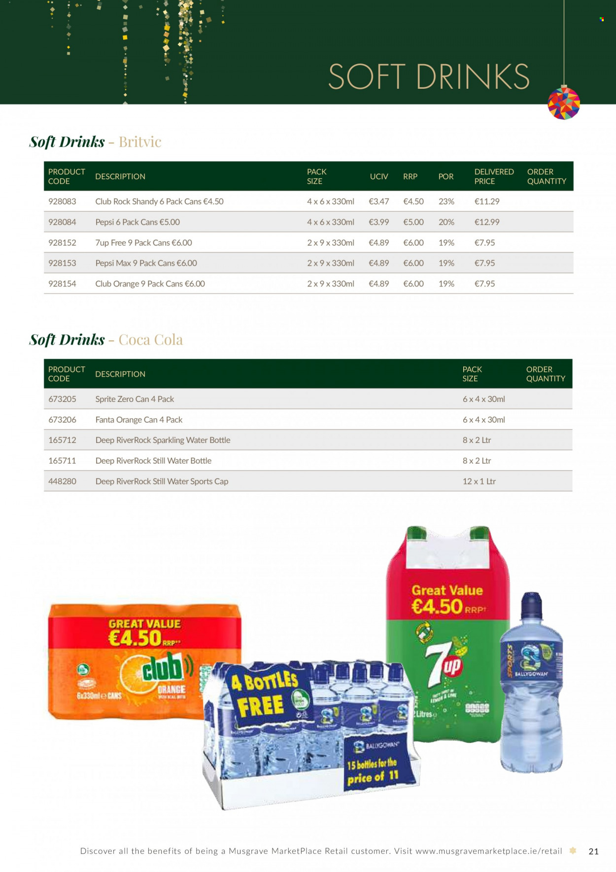 MUSGRAVE Market Place offer  - Sales products - Coca-Cola, Sprite, Pepsi, Fanta, Pepsi Max, soft drink, 7UP, mineral water, sparkling water, bottled water, drink bottle. Page 21.