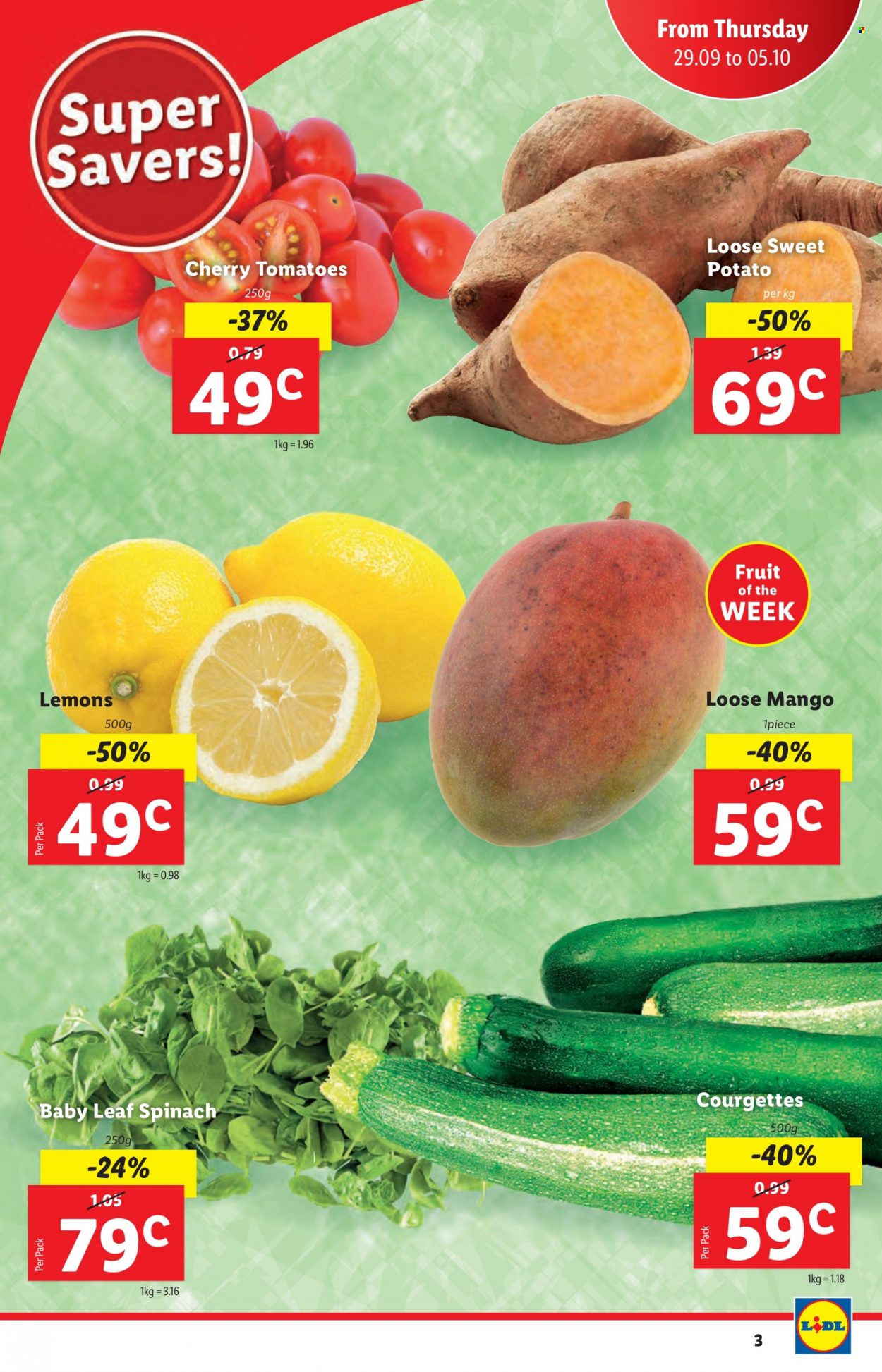 Lidl offer  - 29.09.2022 - 05.10.2022 - Sales products - spinach, sweet potato, tomatoes, potatoes, mango, cherries, lemons. Page 3.