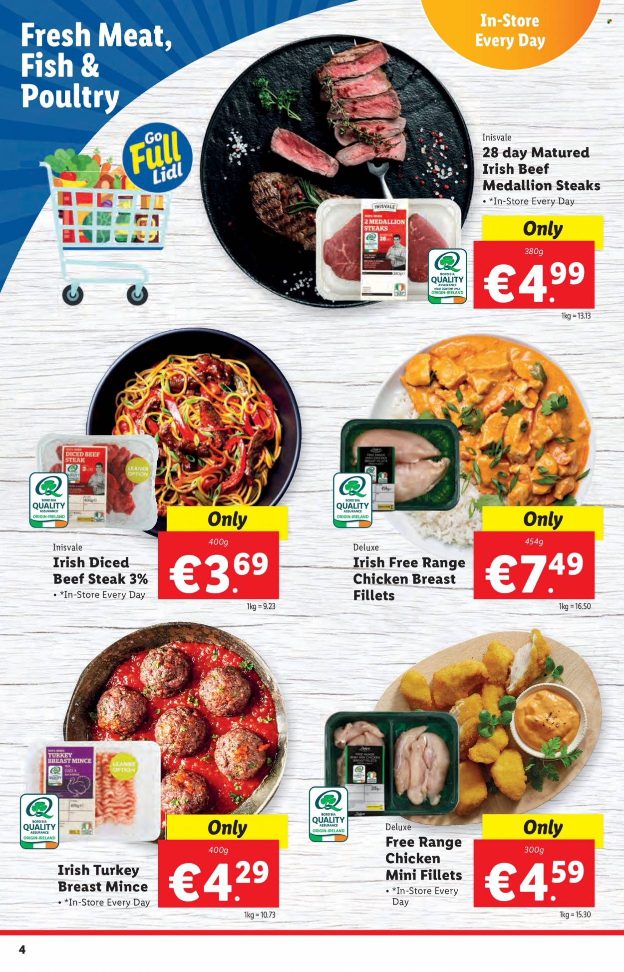 Lidl offer  - 29.09.2022 - 05.10.2022 - Sales products - fish, turkey breast, chicken breasts, chicken meat, turkey meat, beef meat, beef steak, steak, diced beef. Page 4.